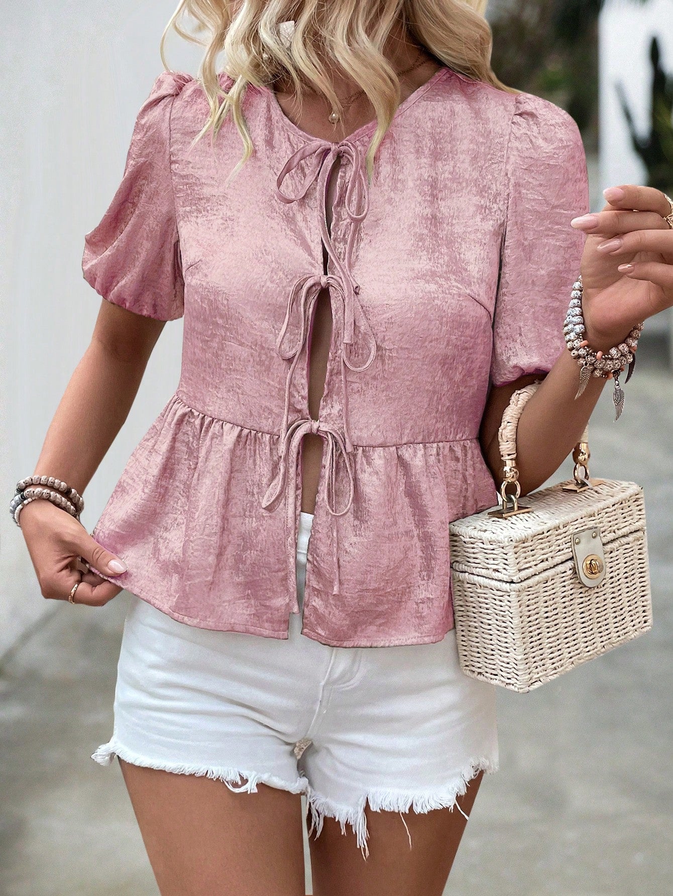 Women's Summer Solid Color Metal-Texture Front Tie Short Puff Sleeve Ruffled Hem Blouse