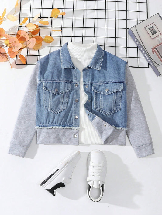 Teenager's Fashionable Patchwork Casual Top And Denim Jacket Or Coat Outerwear For Daily Wear