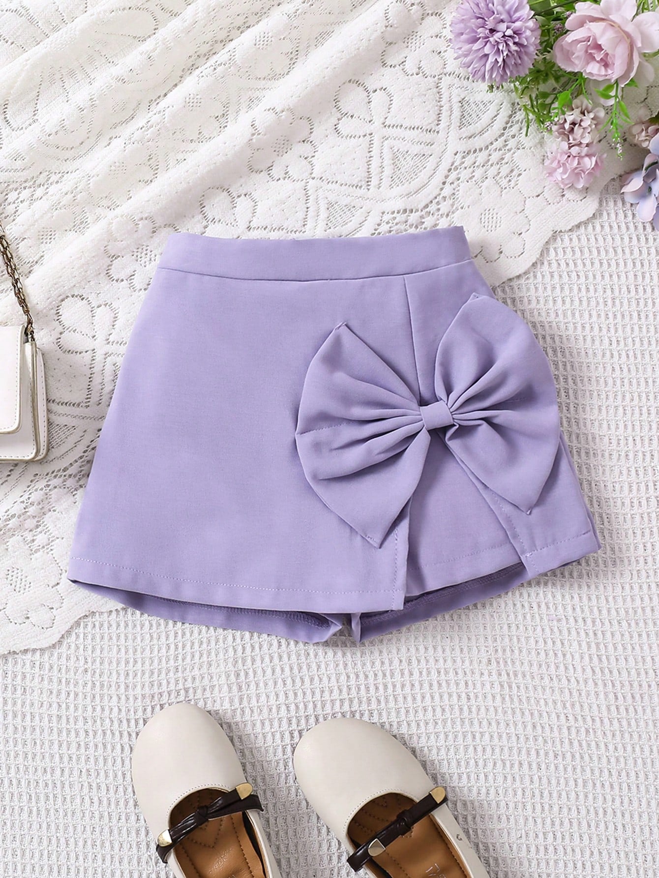 Young Girl Solid Color Bow Decor Summer Shorts