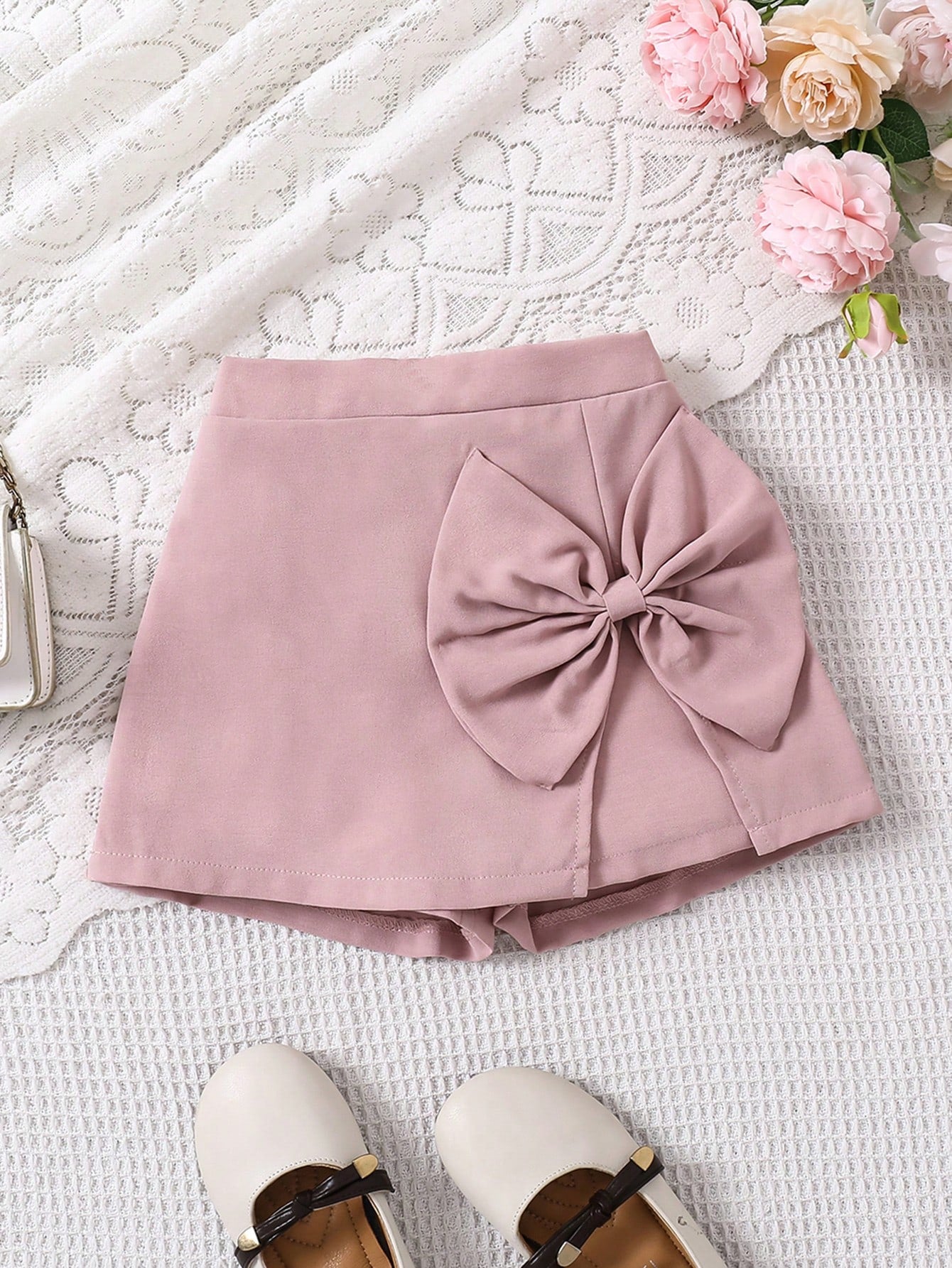 Young Girl Solid Color Bow Decor Summer Shorts