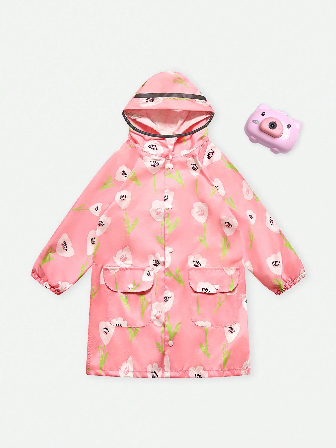 Girls' Waterproof Floral Print Hooded Raincoat