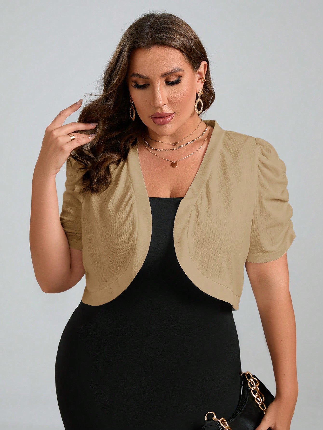 Plus Size Solid Color Short Cropped Jacket With Pleated & Puff Sleeves