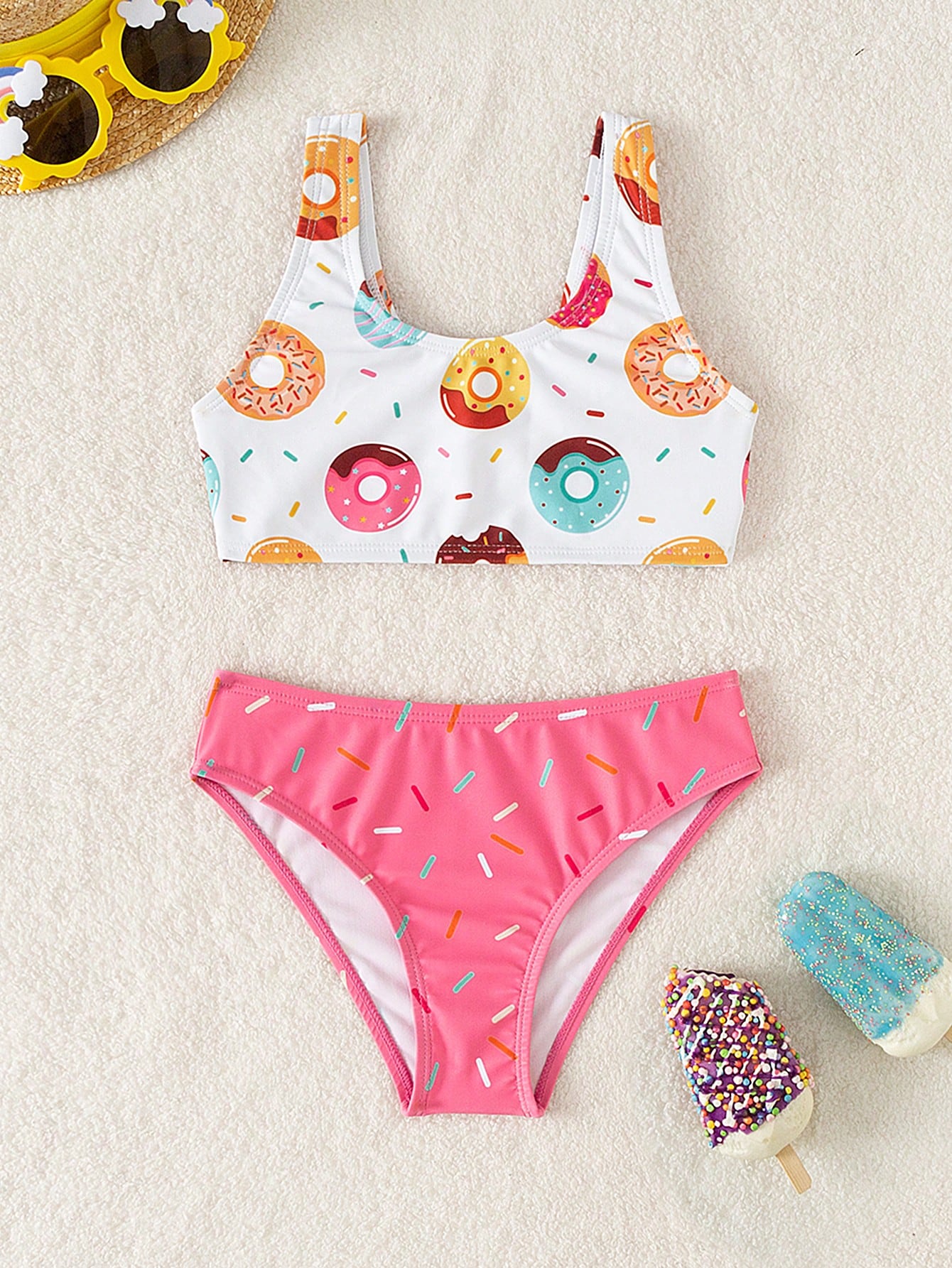 Young Girl Donuts Print Bikini Set Summer Beach