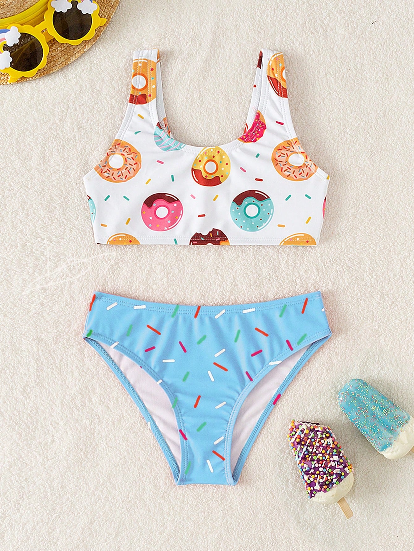 Young Girl Donuts Print Bikini Set Summer Beach