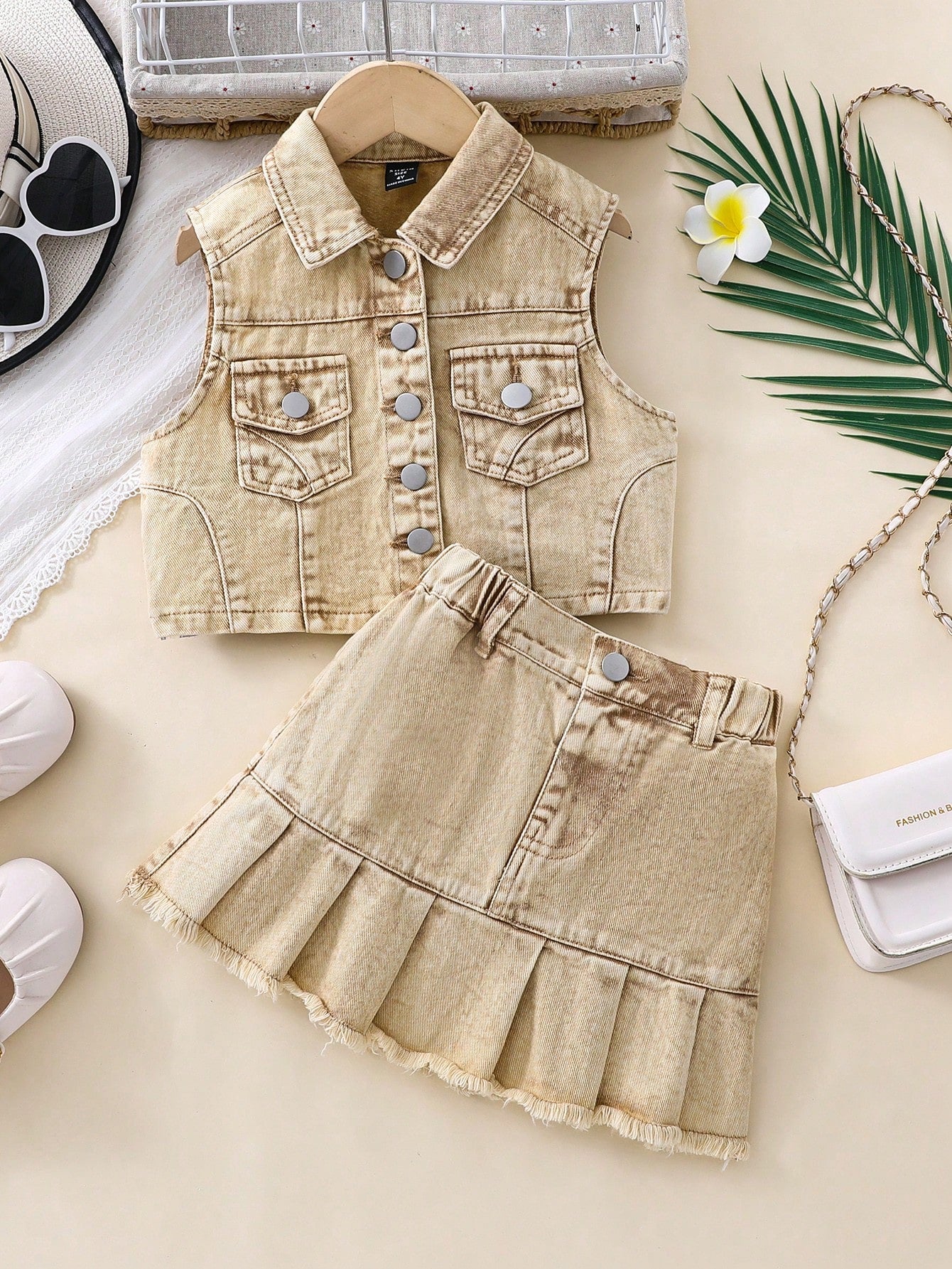 Young Girl's Sleeveless Washed Denim Jacket And Pleated Hem Denim Skirt Set