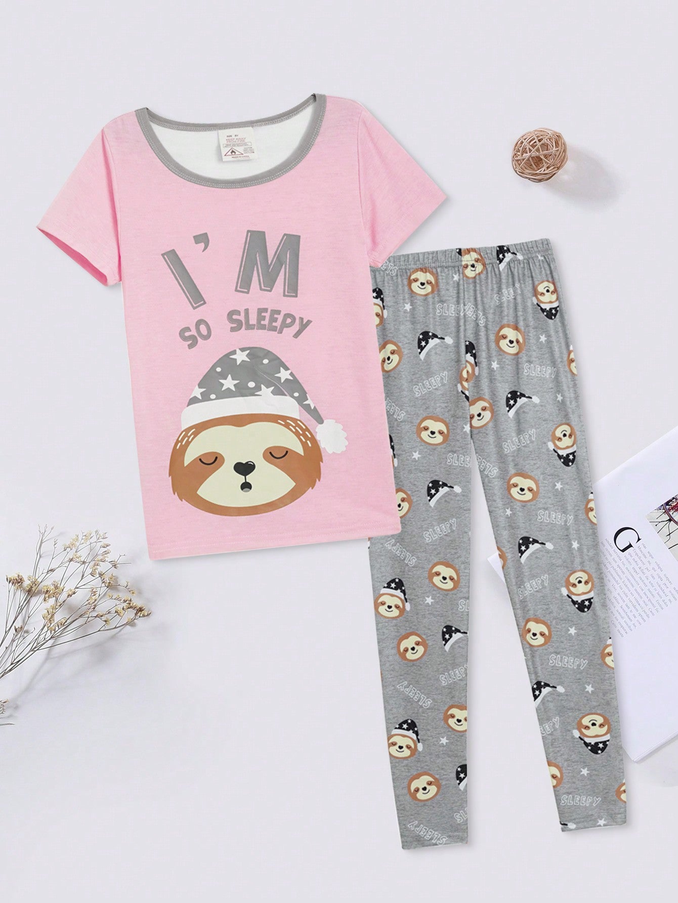 Tween Girl 2pcs Snug Fit Cute Sloth Print Short Sleeve And Long Pants Comfortable Pajama Set