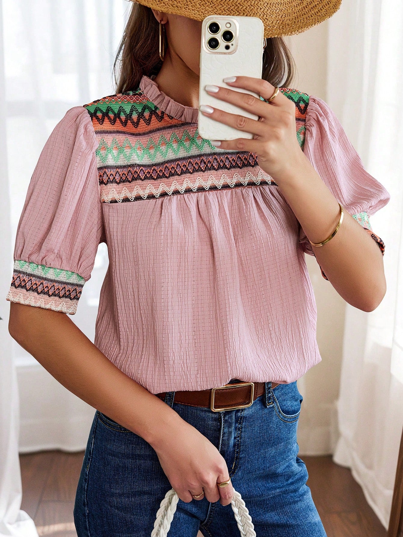 Women'S Geometric Print Short Puff Sleeve Shirt