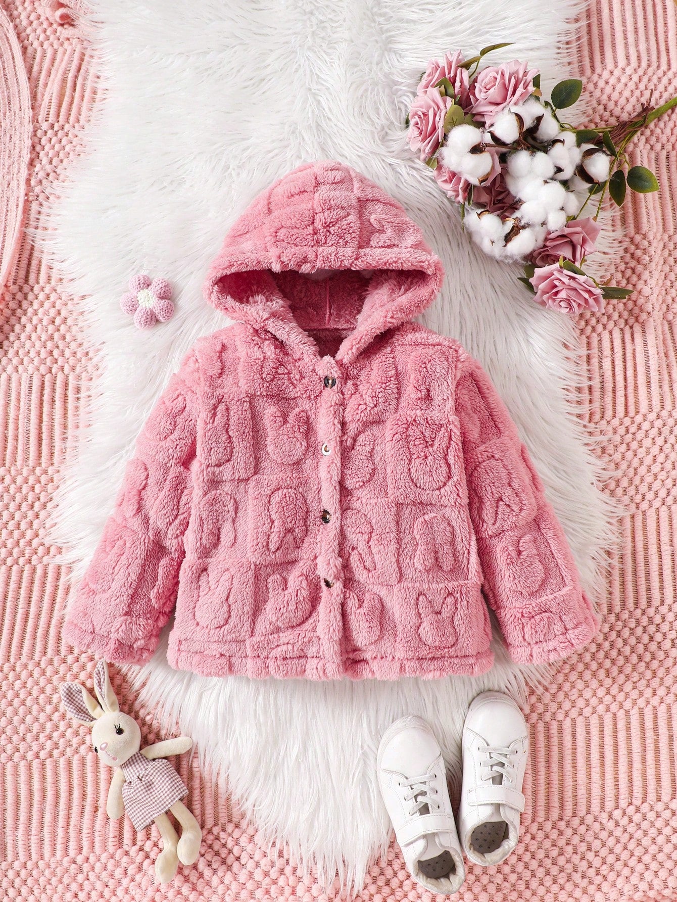 Young Girl Cute Pink Hooded Furry Jacket, Autumn/Winter Clothes