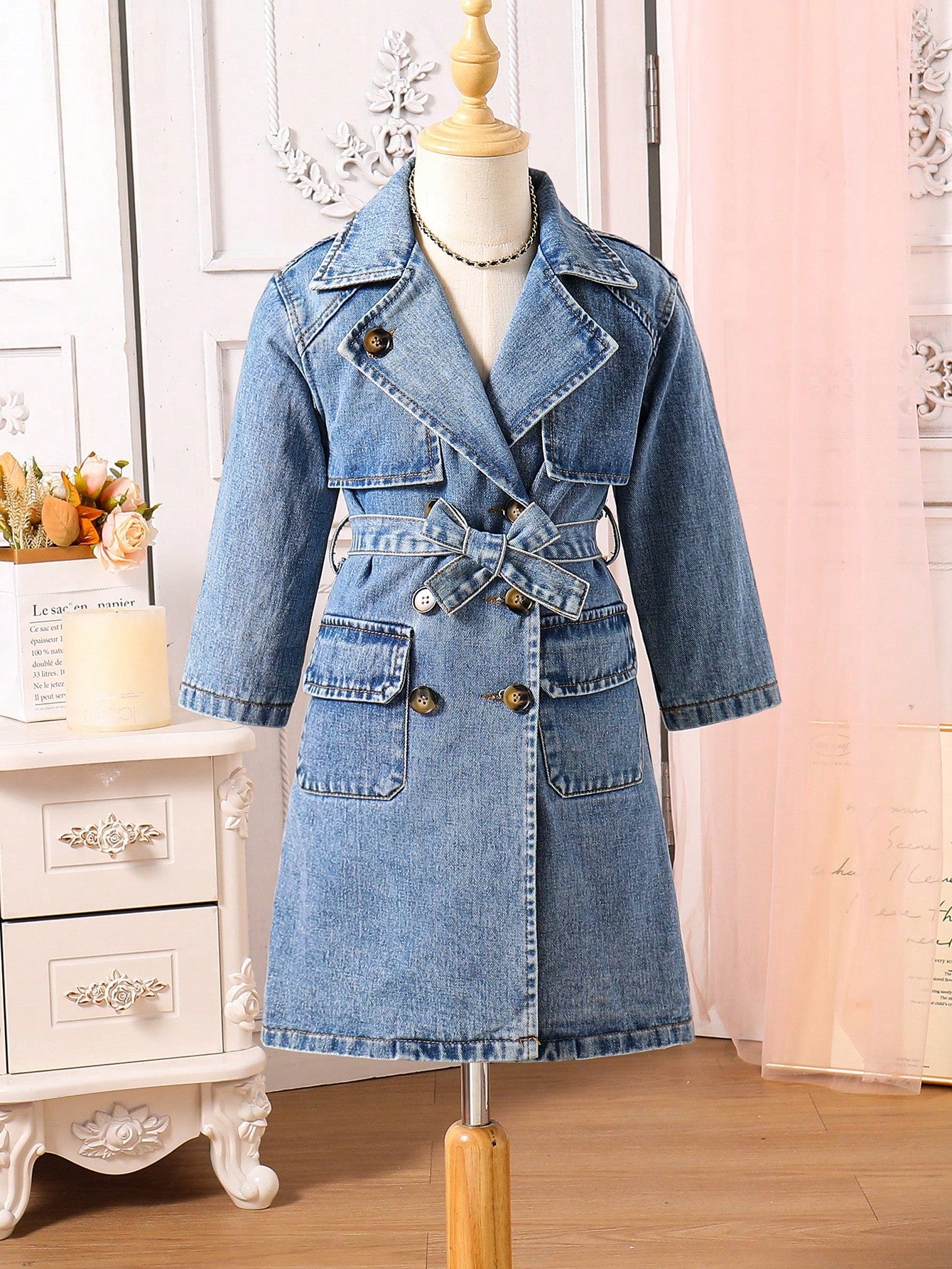 Long Denim Jacket For Young Girls, British Style, Distressed Design With Belt