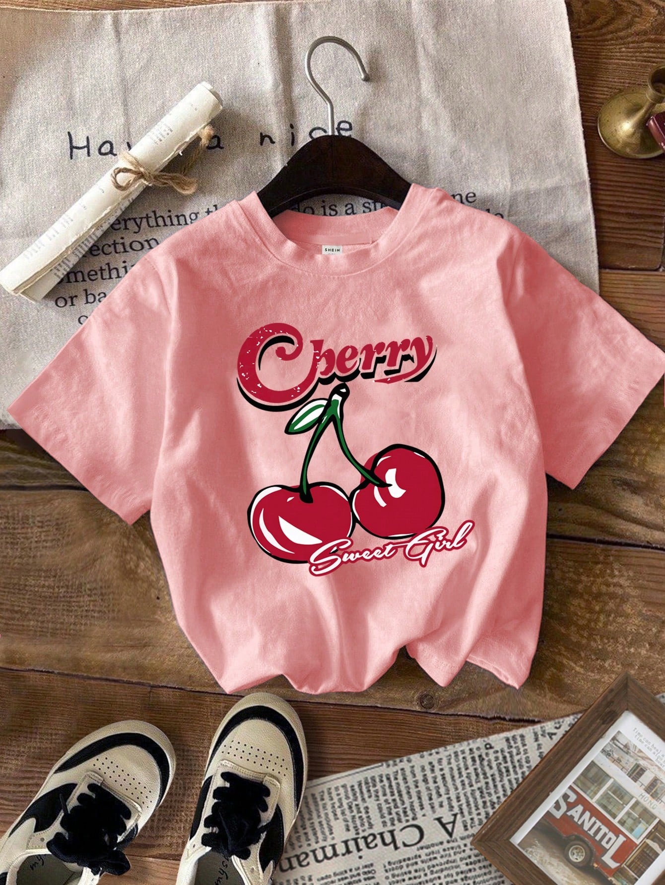 Tween Girl Casual Simple Cherry Print Short Sleeve T-Shirt Suitable For Summer