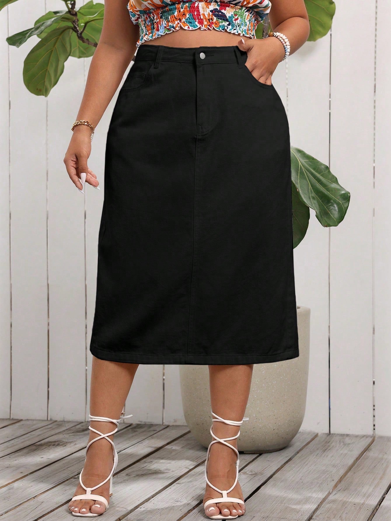 Plus Size Denim Slit Mid-Length Skirt