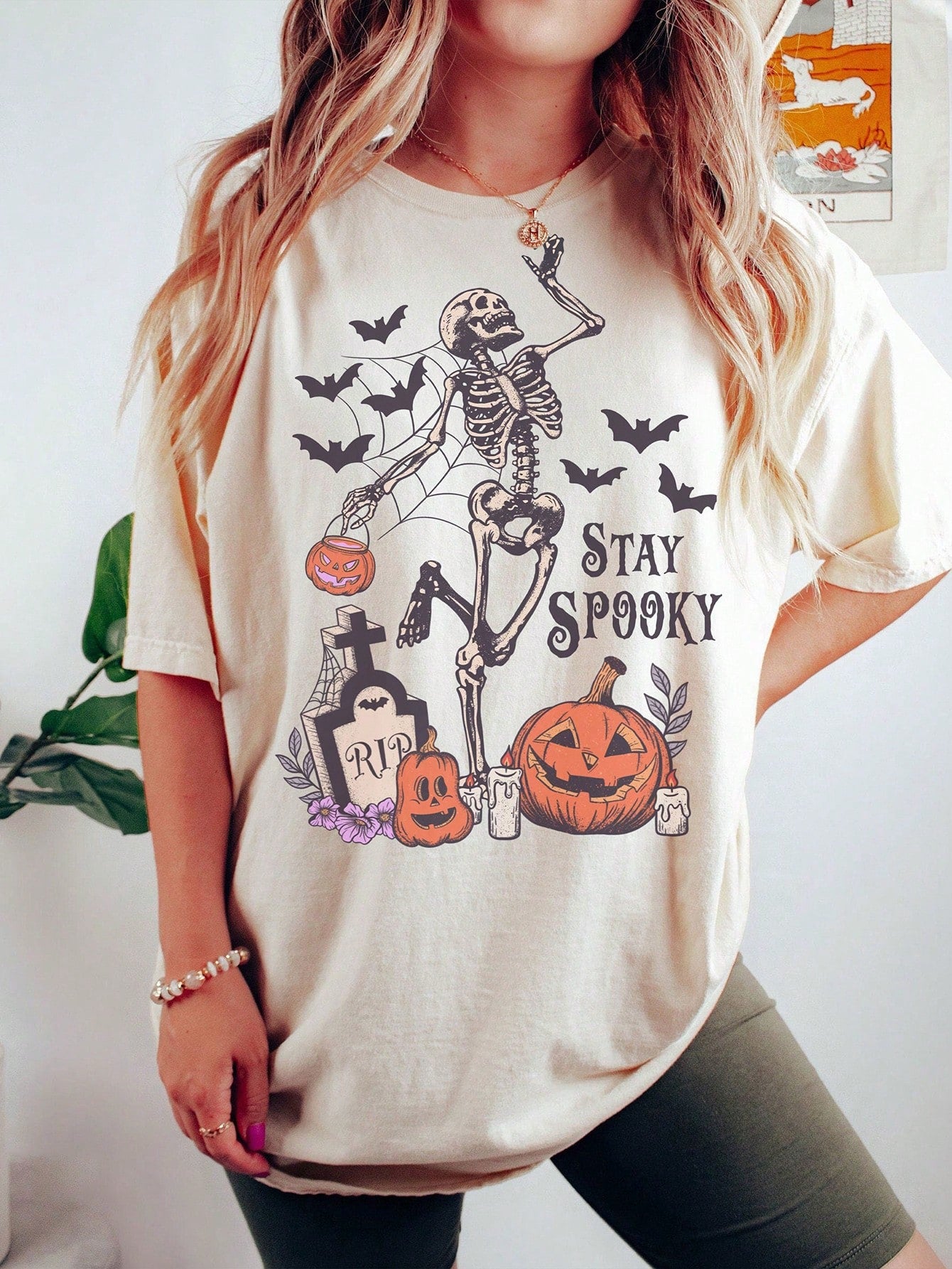 Plus Size Women's Skull Pumpkin Bat Print Round Neck Short Sleeve Simple Daily T-Shirt