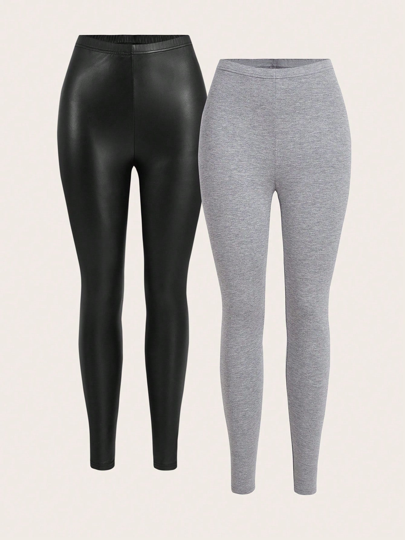 2pcs Solid Elastic Waist Leggings