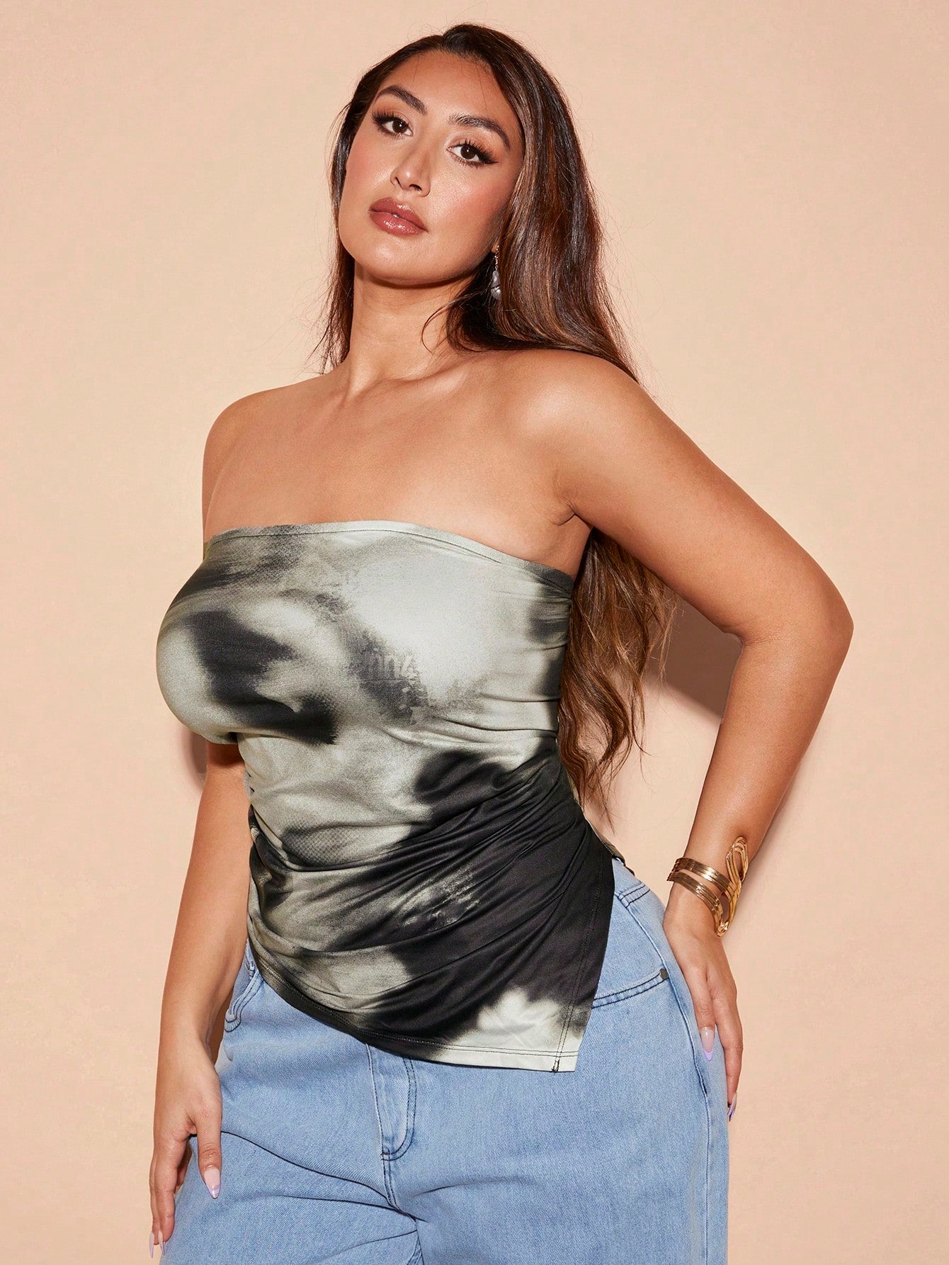 Plus Size Women's Tube Top Solid Color Beige Stretch Knitted Tight Ruffled Irregular Design Hem Tank Top