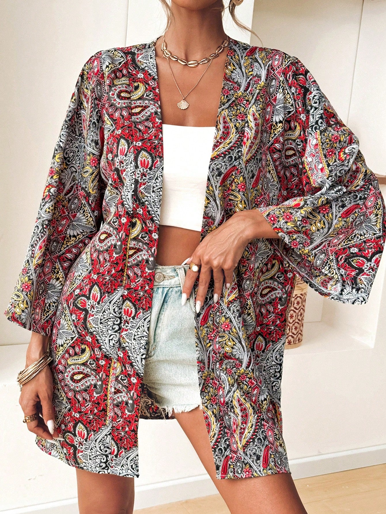 Paisley Print Batwing Sleeve Open Front Kimono