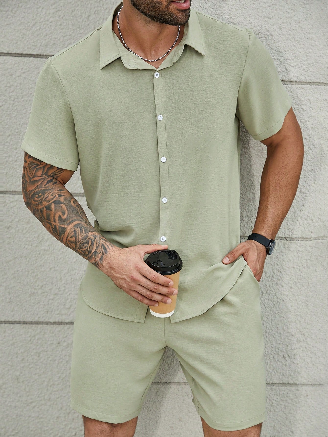 Men's Plus Size 2pcs Button-Up Short Sleeve Top And Loose Stylish Shorts Set