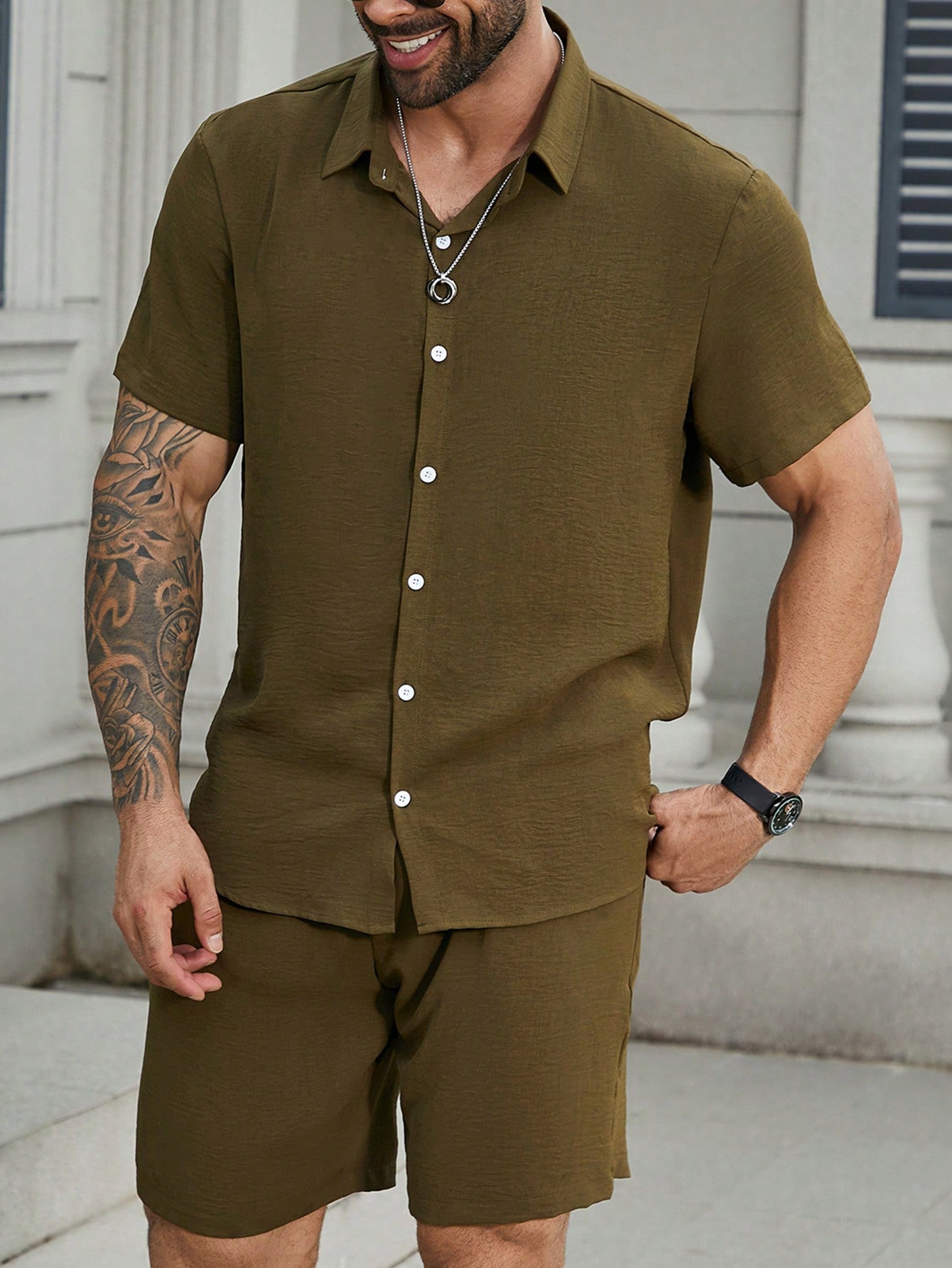 Men's Plus Size 2pcs Button-Up Short Sleeve Top And Loose Stylish Shorts Set