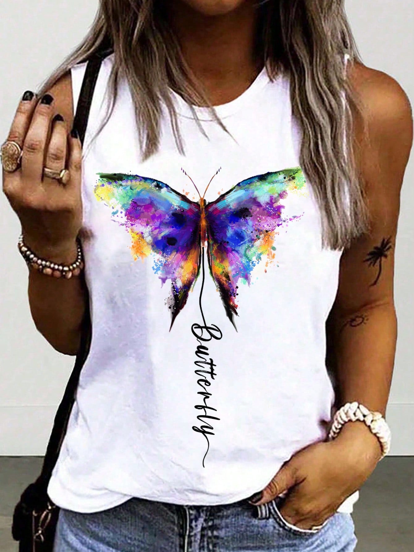 Ladies' Dragonfly Printed Round Neck Tank Top