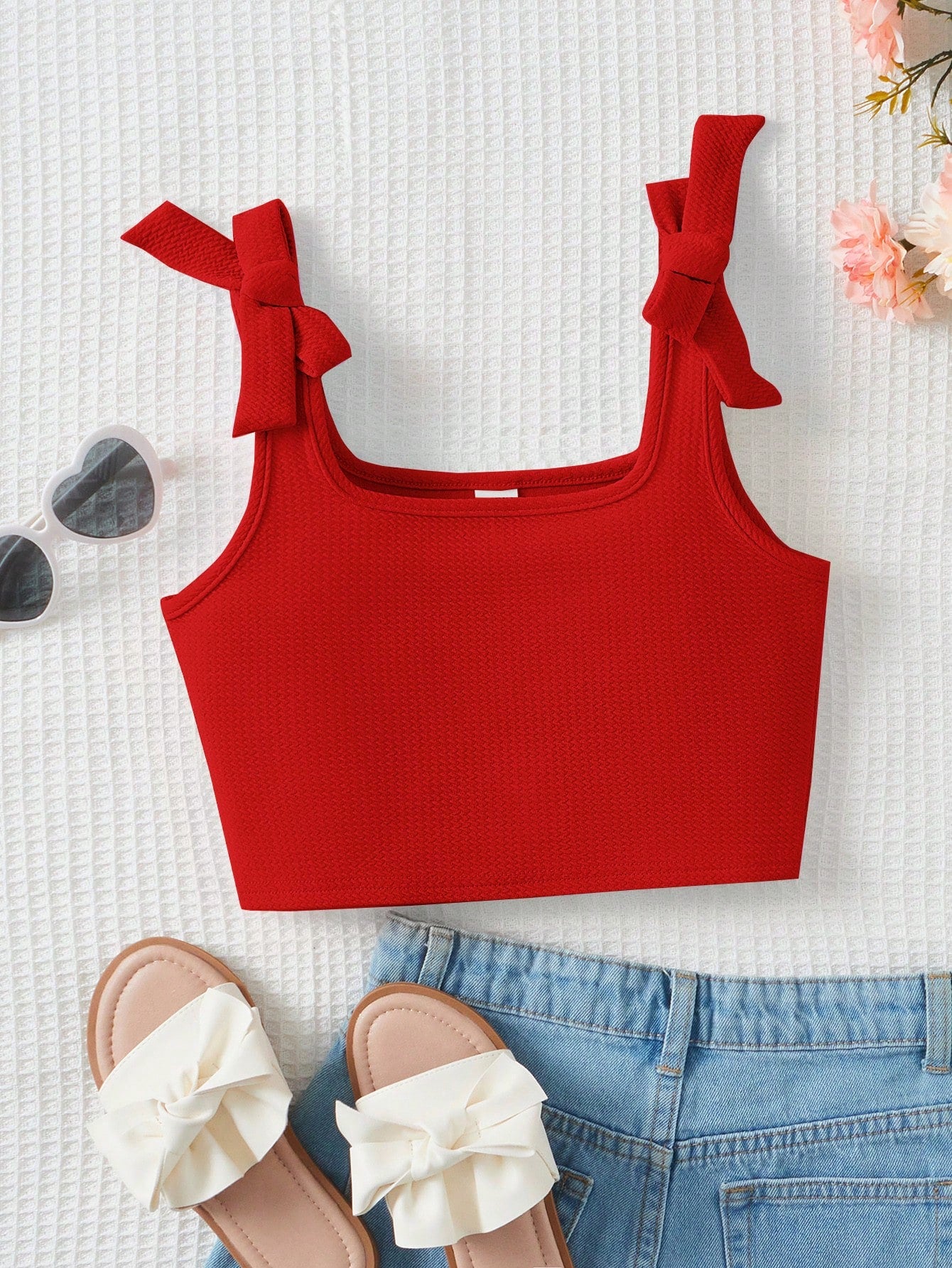 Young Girls' Sweet And Cute Square Neckline Knit Jacquard Bow Decoration Tank Top For Summer