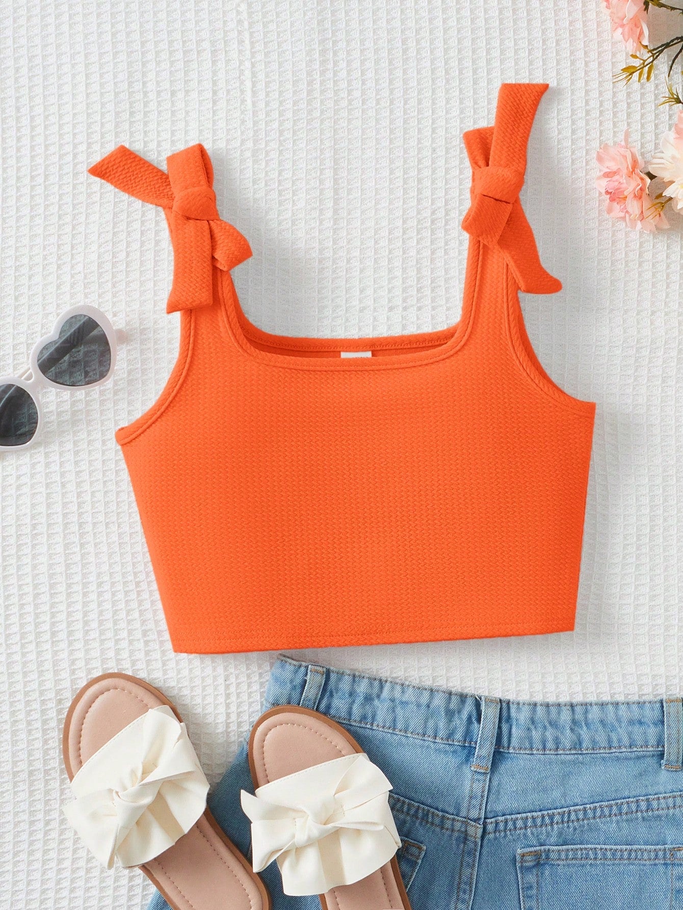 Young Girls' Sweet And Cute Square Neckline Knit Jacquard Bow Decoration Tank Top For Summer