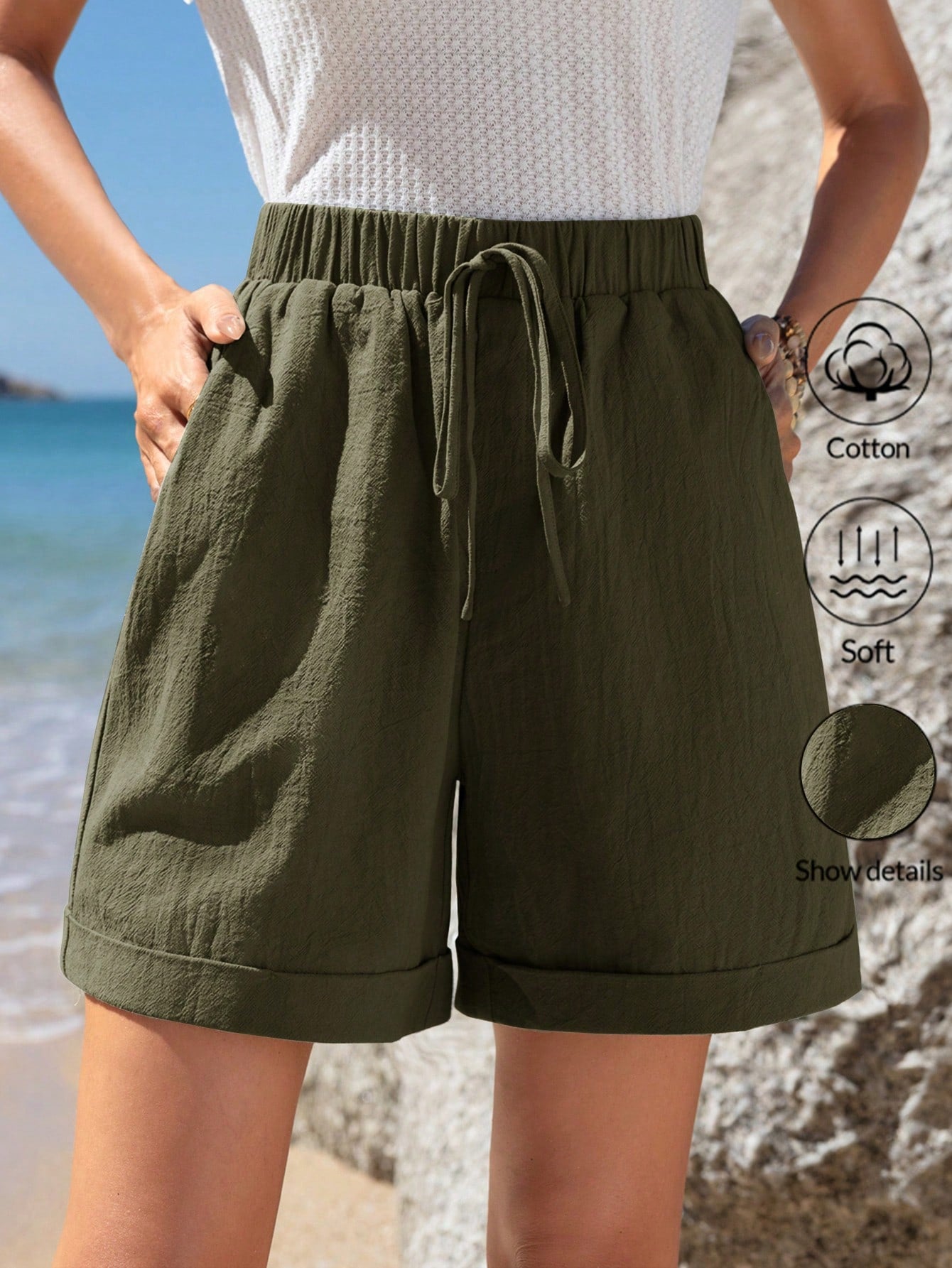 Elastic Waist Tie Rolled Hem Slant Pocket Casual Shorts Summer Green Shorts Cotton Women Shorts