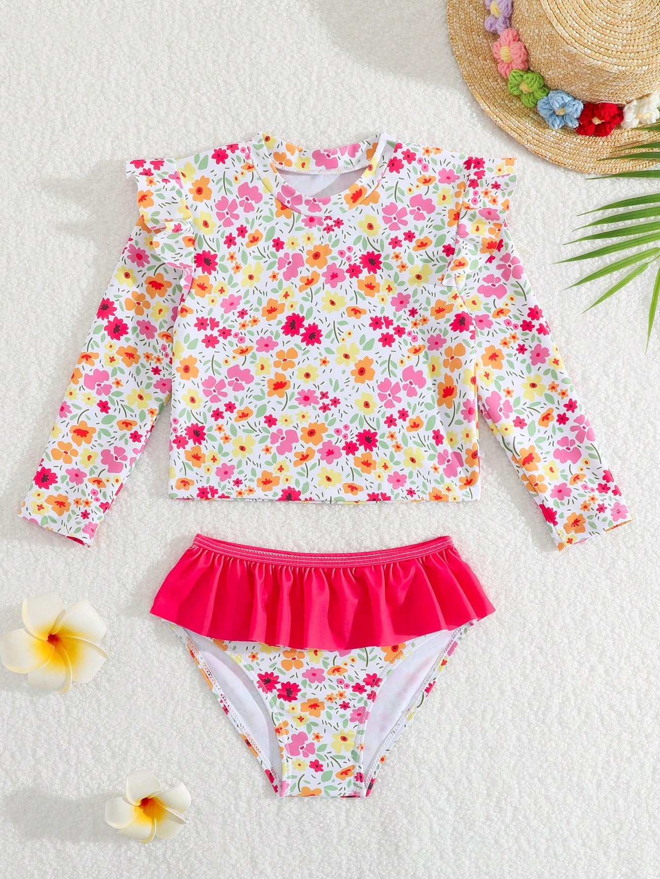 Young Girl's Floral Print Ruffle Hem Long Sleeve Two-Piece Swimsuit