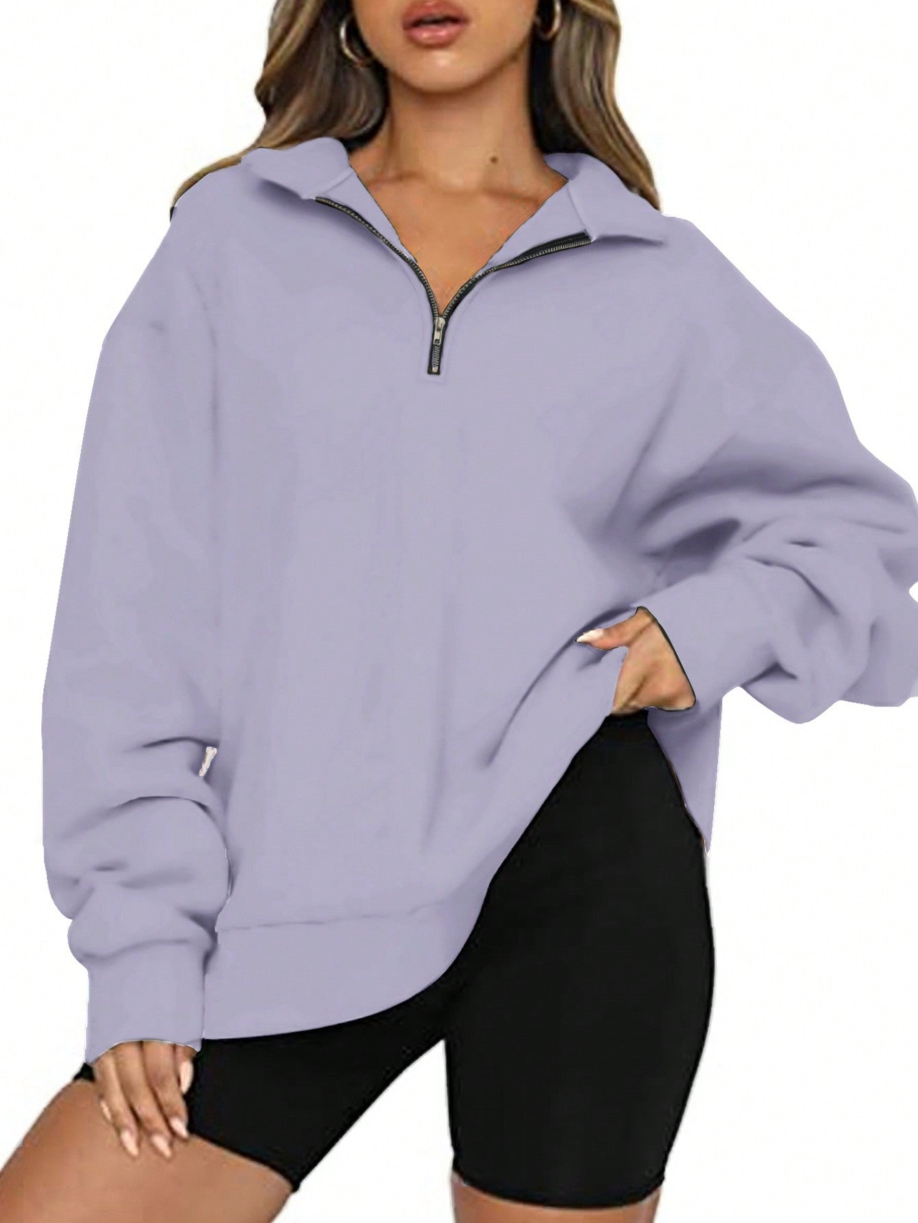 Plus Size Collared Zipper Casual Long Sleeve Pullover Sweatshirt