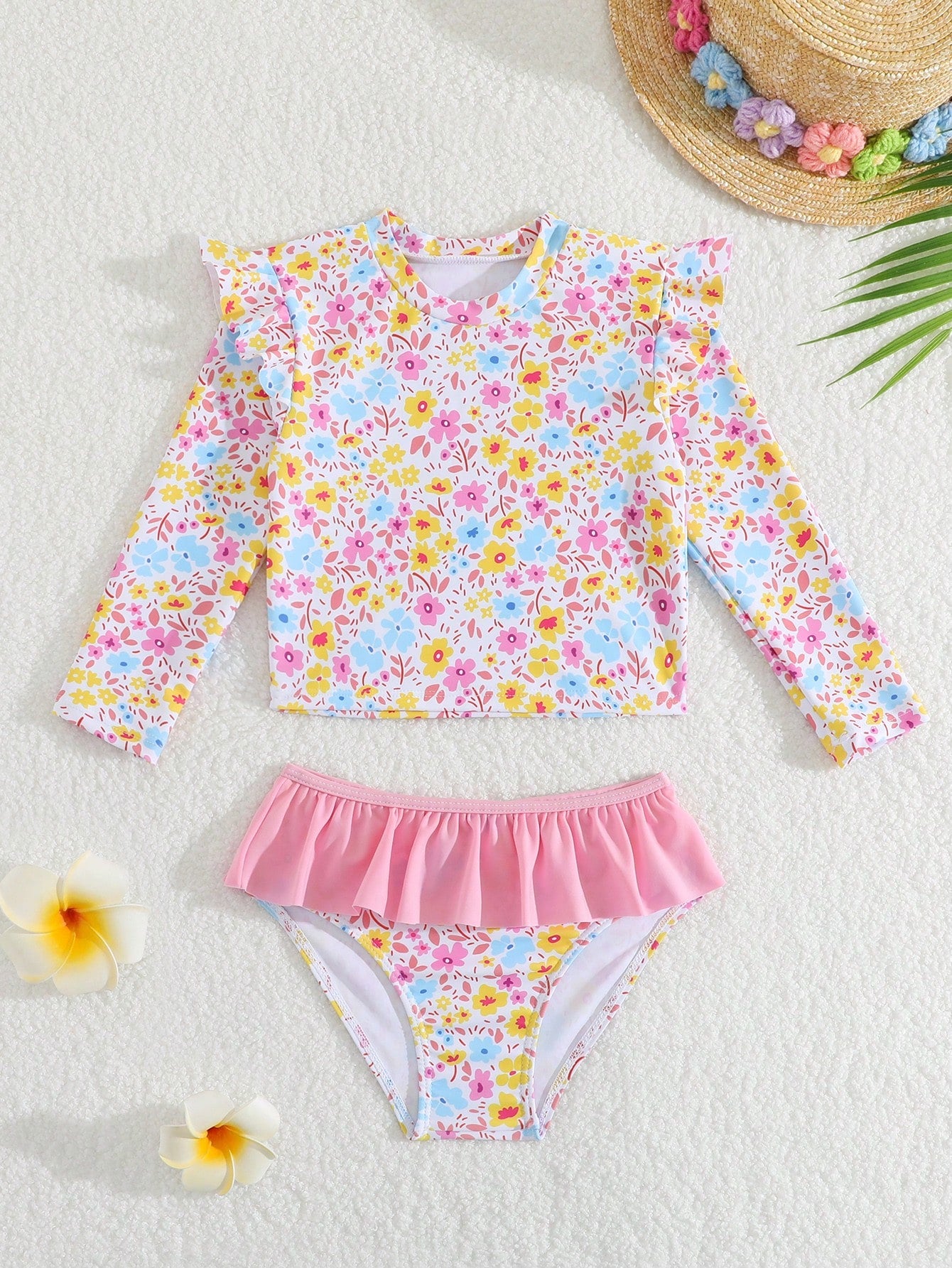 Young Girl's Floral Print Ruffle Hem Long Sleeve Two-Piece Swimsuit