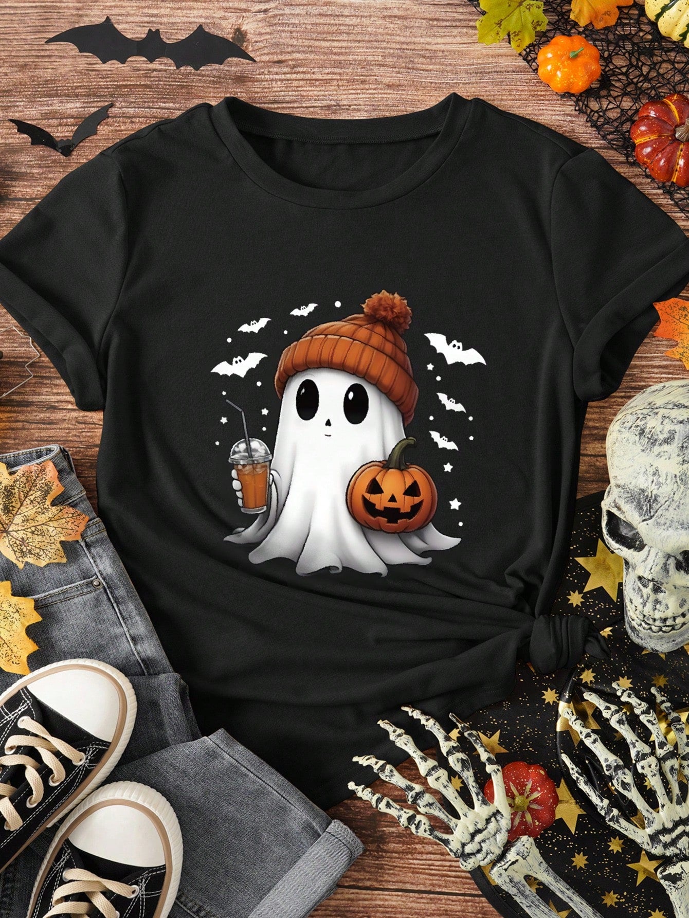 プラスサイズのかわいいハロウィンゴーストTシャツ、パンプキンハロウィンTシャツ、カジュアルクルーネック半袖Tシャツ