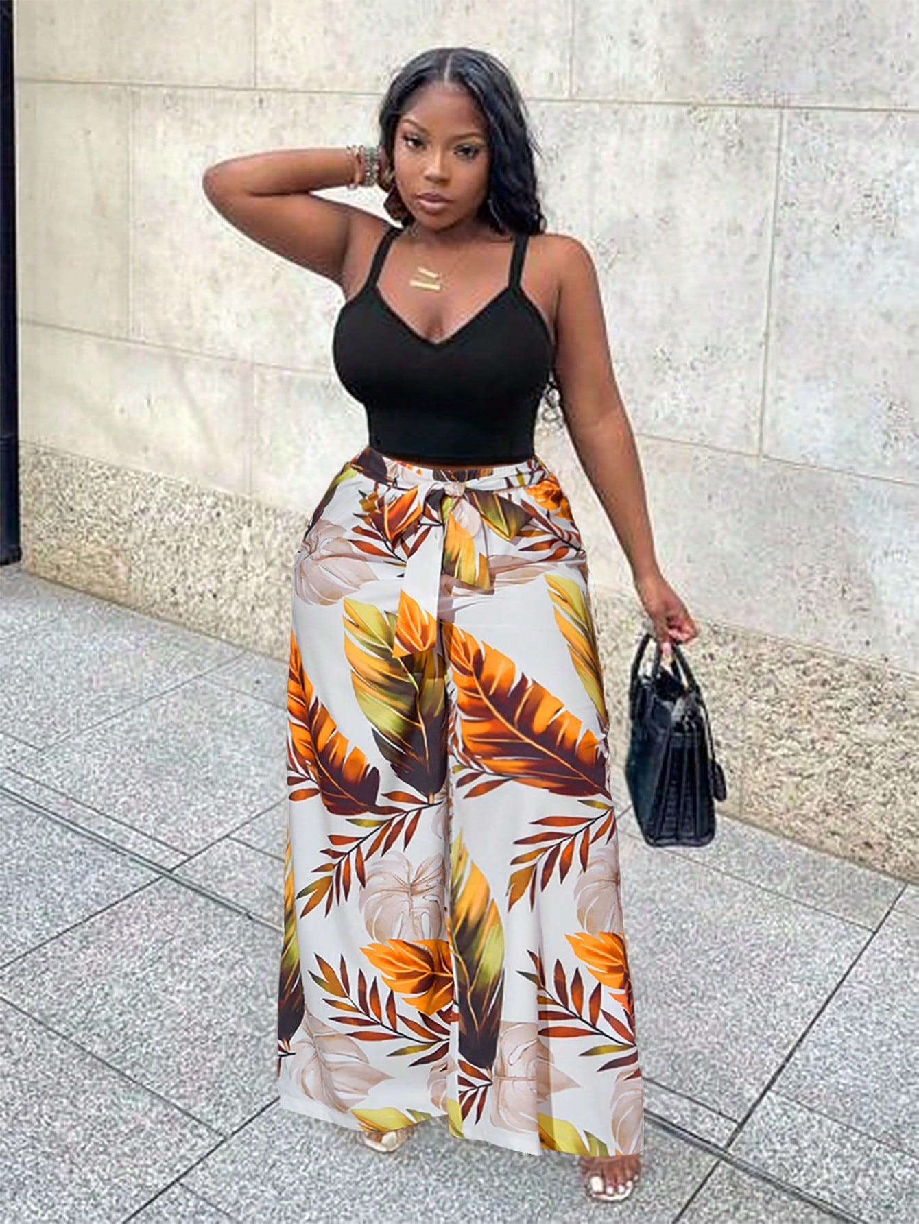 Leisure Vacation Black Slim-Fit High Elasticity Cami Top And Wide-Leg Printed Pants Women 2pcs-Set - Z