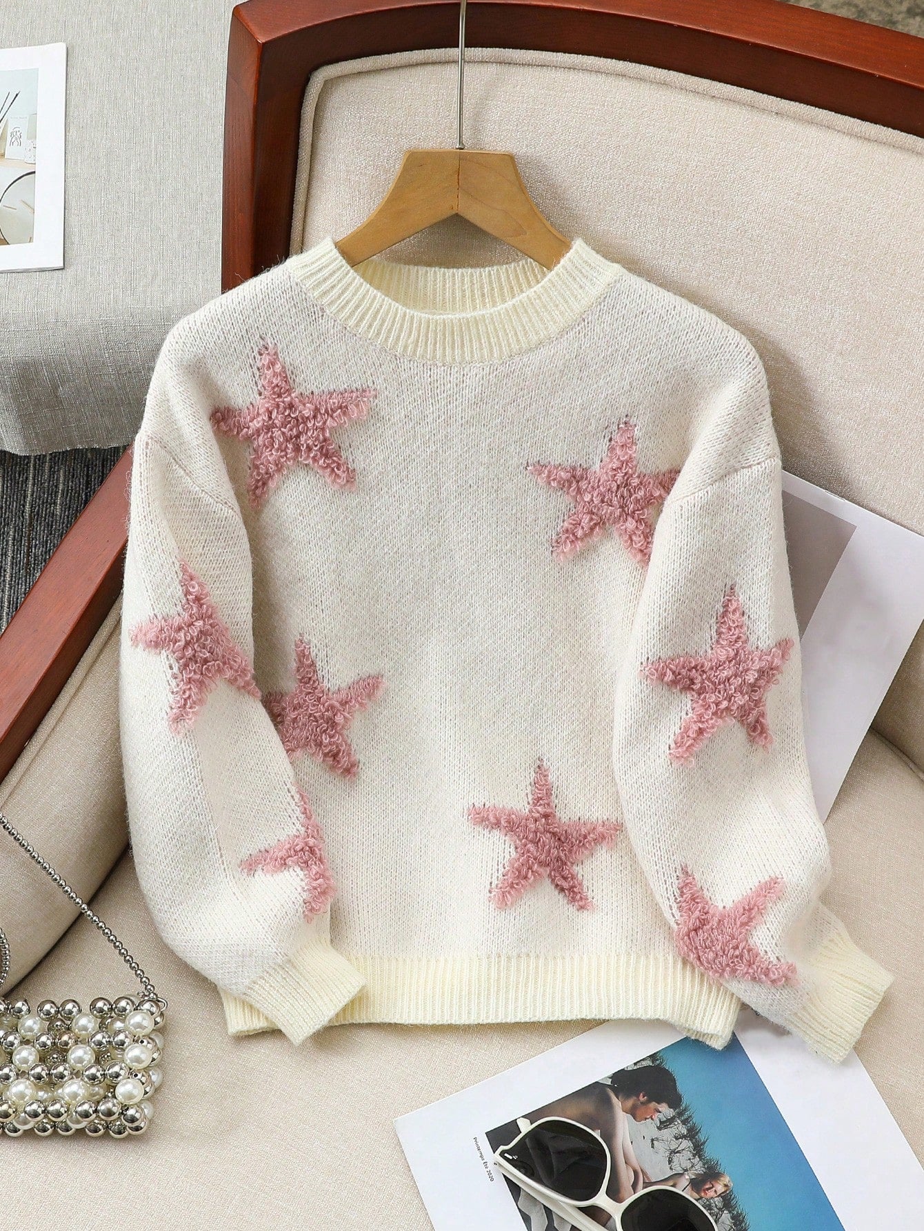 Tween Girls Crew Neck Sweater, Fashionable Pentagram Pattern Warm Pullover For Casual Wear & Travel, Autumn Winter