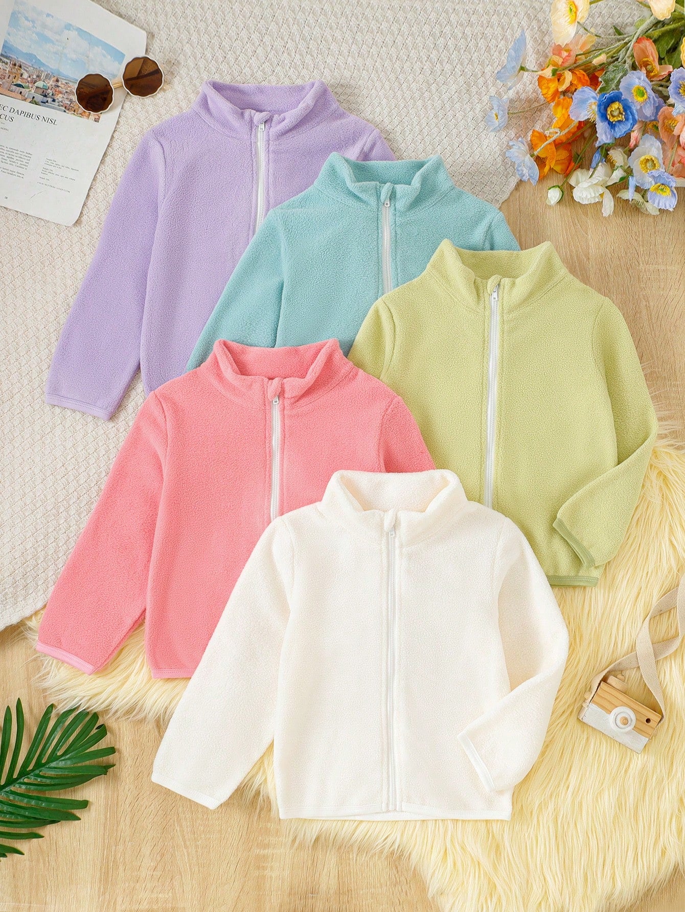 5pcs/Set Baby & Toddler High Collar Solid Color Fleece Jacket, Casual Daily Warm Outfits For Fall/Winter