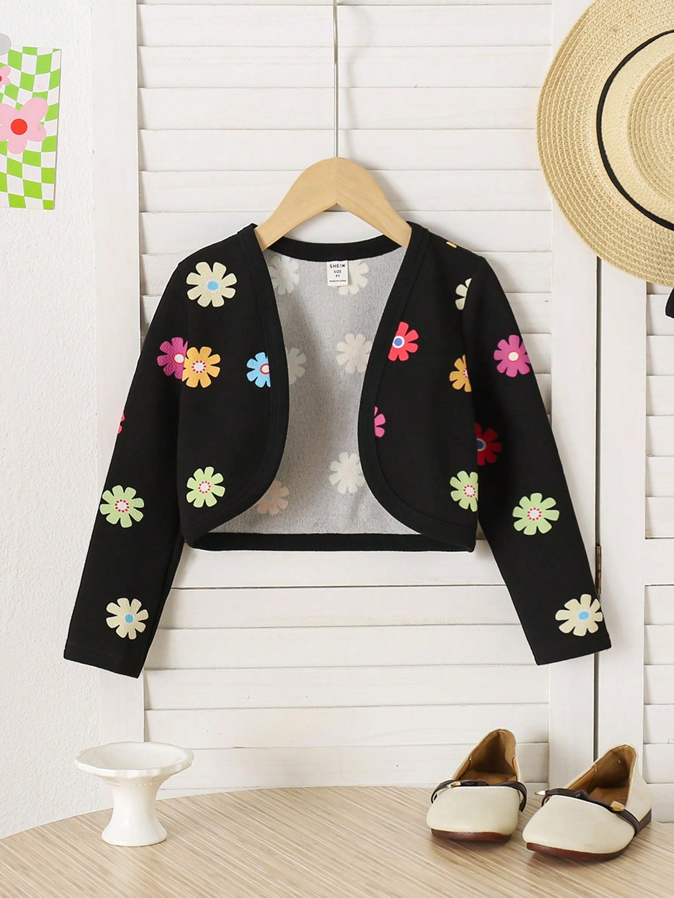 Young Girl Cute Colorful Flower Pattern Knitted Solid Color Long Sleeve Cardigan,Summer Fall Cardigan