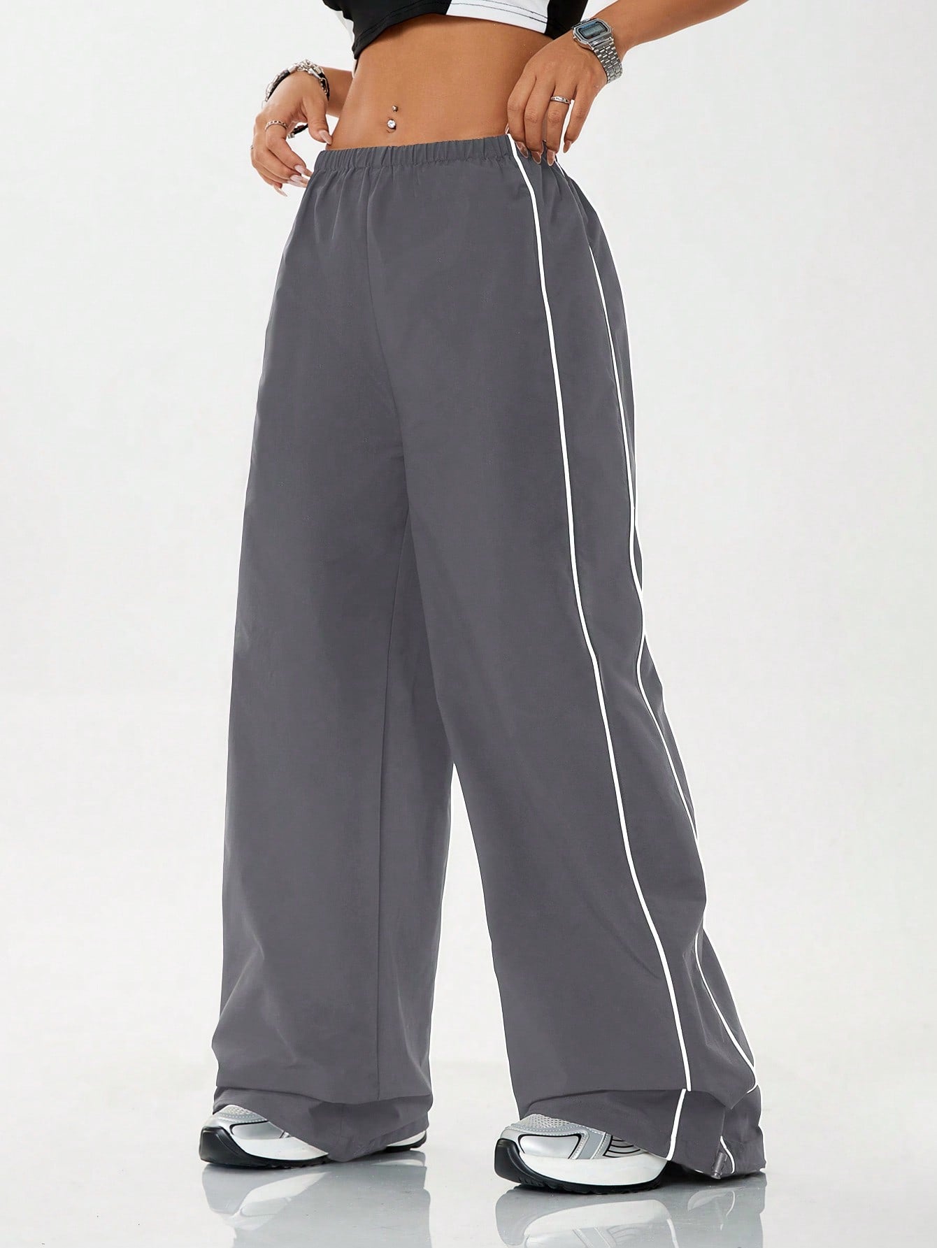 Coolane Y2k Street-Style Versatile  Wide-Leg Pants, Low Waist Drawstring Waist Contrast Piping Pants