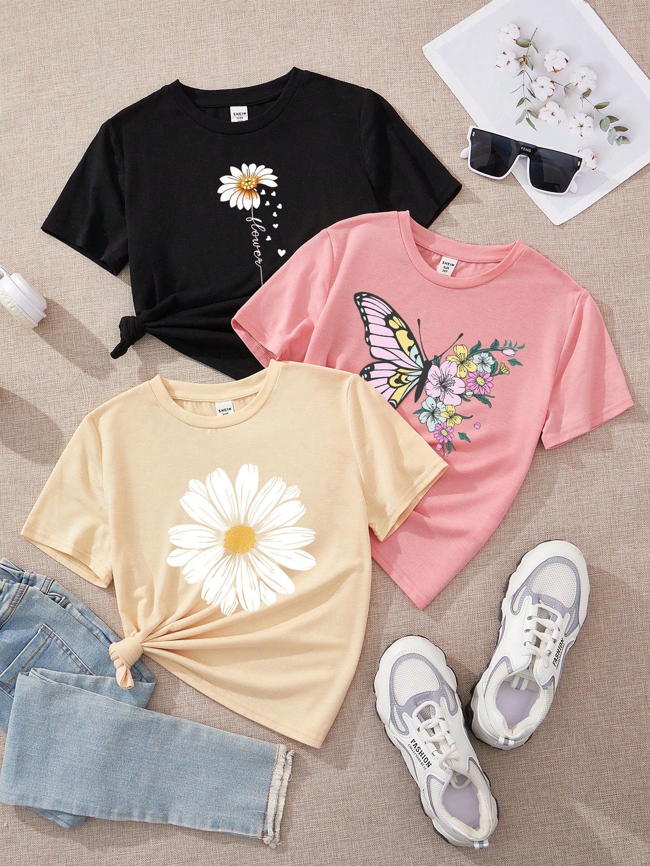 Tween Girl Set Of 3 Casual And Simple Cartoon Flower And Butterfly Pattern T-Shirts, Suitable For Summer