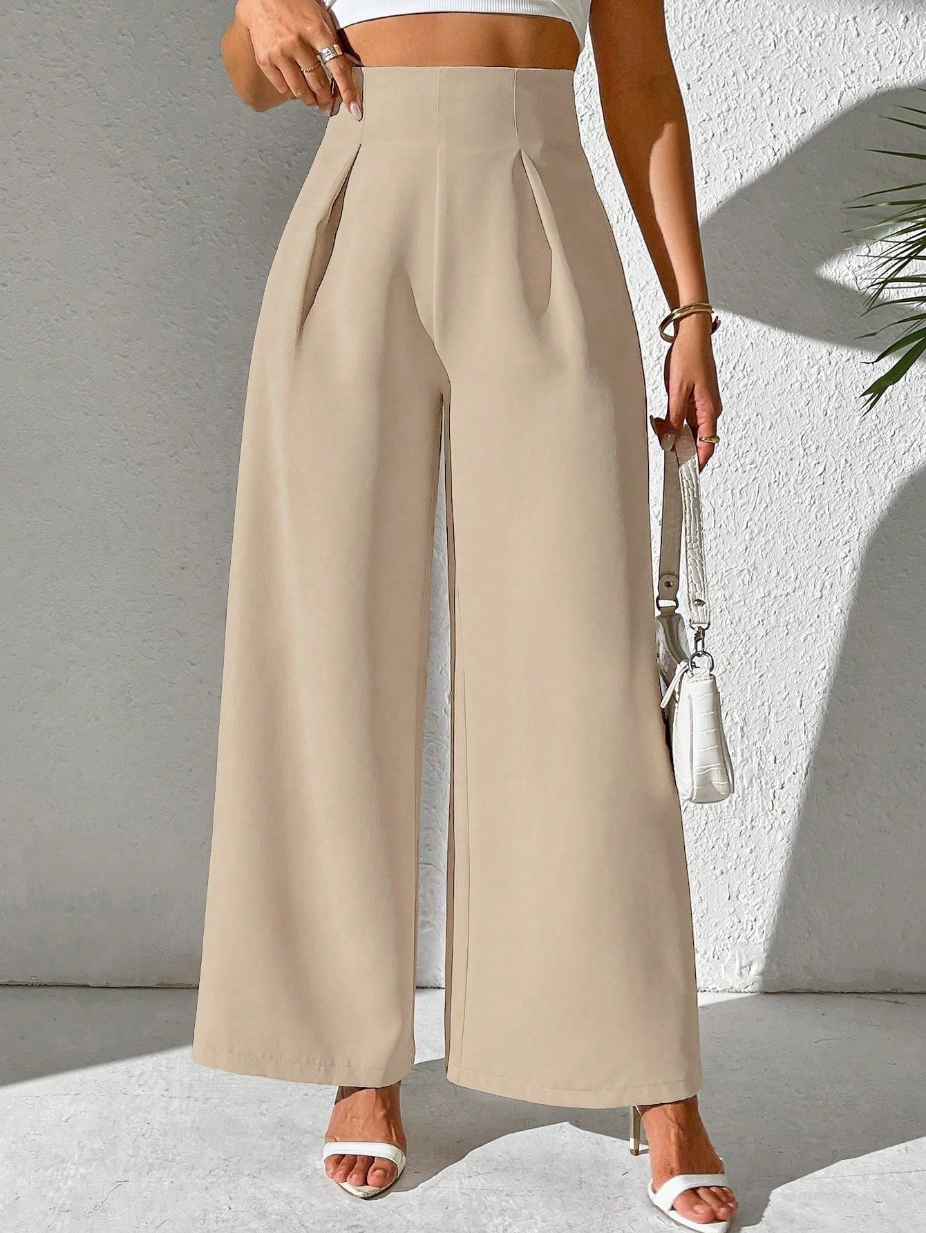 Women Wide Leg Casual Pants With Textured Solid Color Fabric