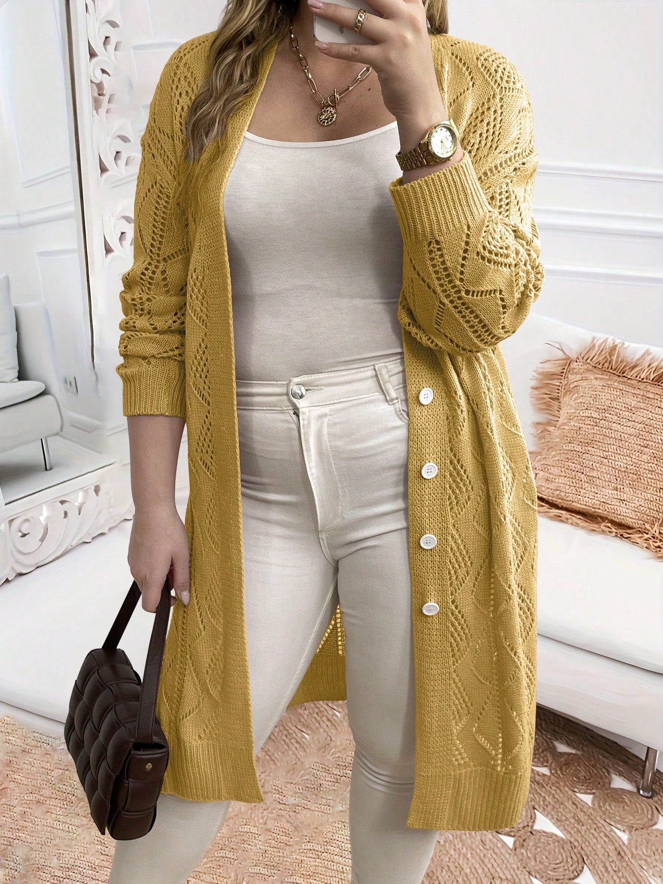 Plus Size Spring And Autumn Casual Hollow Knitted Long Kimono