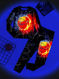 Tween Boys' Snug-Fit Basketball Pattern Long Sleeve Top And Pants Sleepwear Set, Glow In The Dark