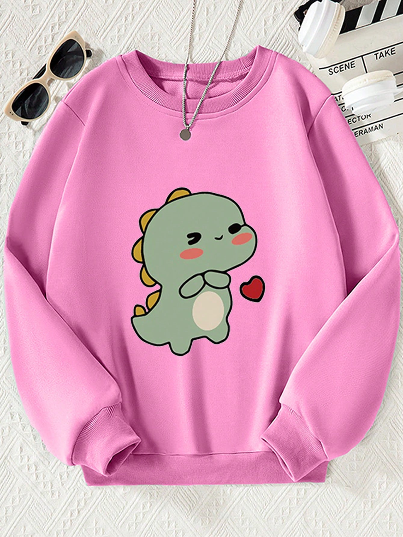 Tween Girl Dinosaur Pattern Round Neck Sweatshirt