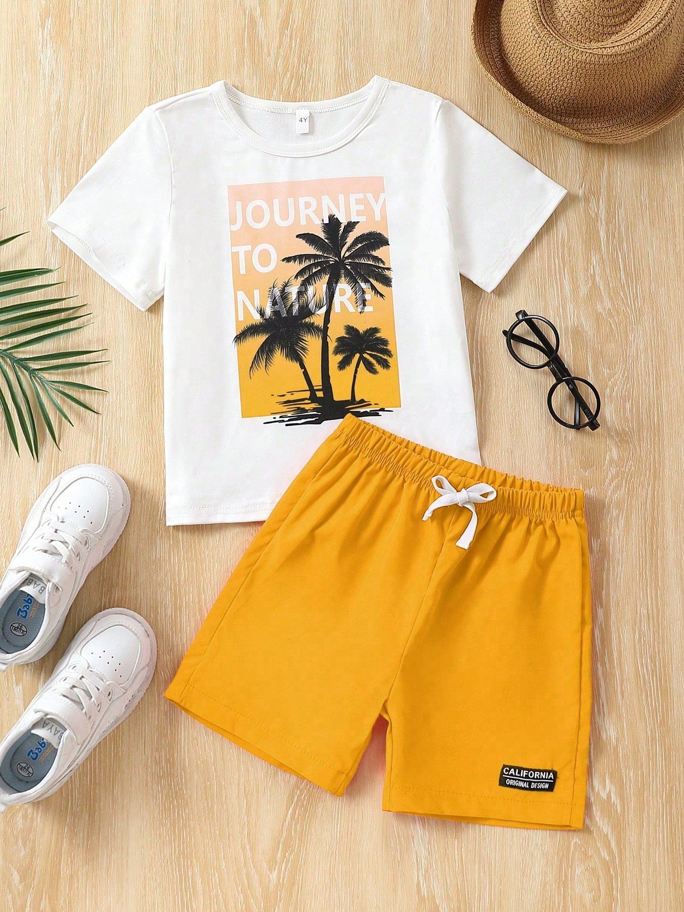 2pcs Young Boys' Casual Slogan & Coconut Tree Print Round Neck Short Sleeve T-Shirt And Shorts Set, Suitable For Summer Vacation, Sports, Leisure, Daily Wear And Travel