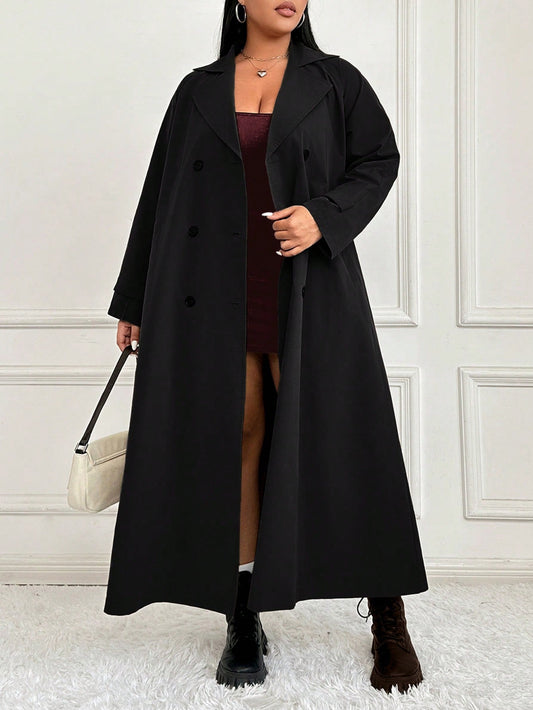 Plus Size Turn-Down Collar Double Breasted Belted Trench Coat Jacket