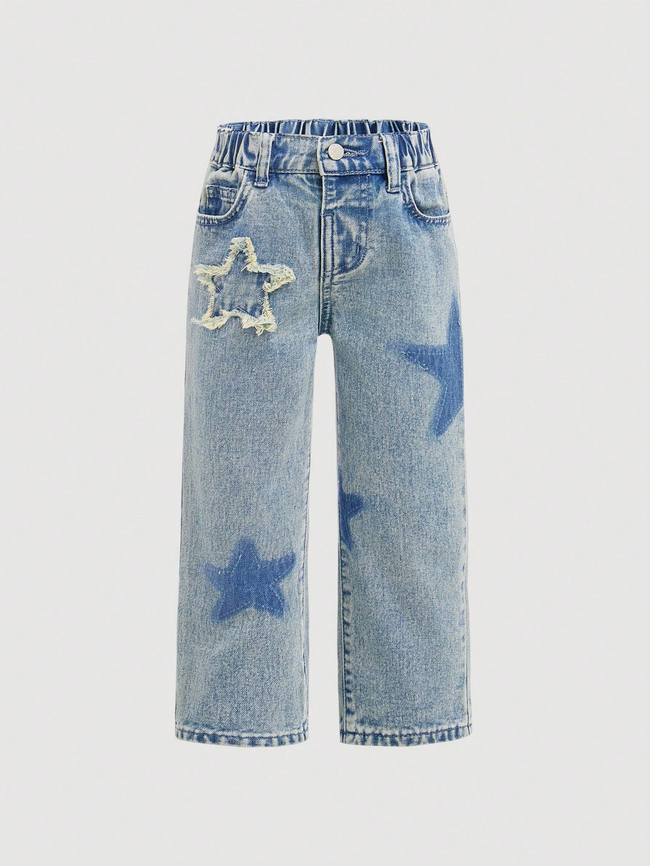 Young Girl Cotton Denim Jeans, Star Printed, Outdoor Leisure Fashion, Water Washed