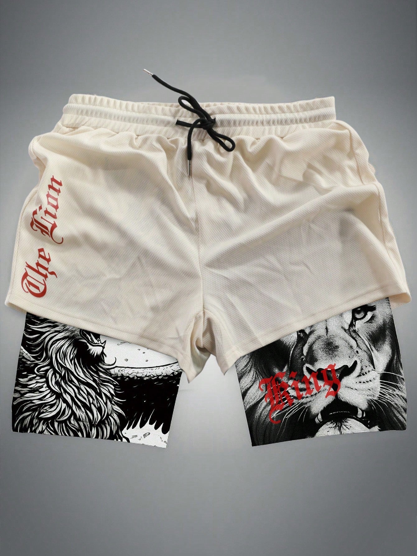 Men's Double-Layered Fashionable Drawstring Waist Shorts With Letter Lion Print, Casual And Versatile