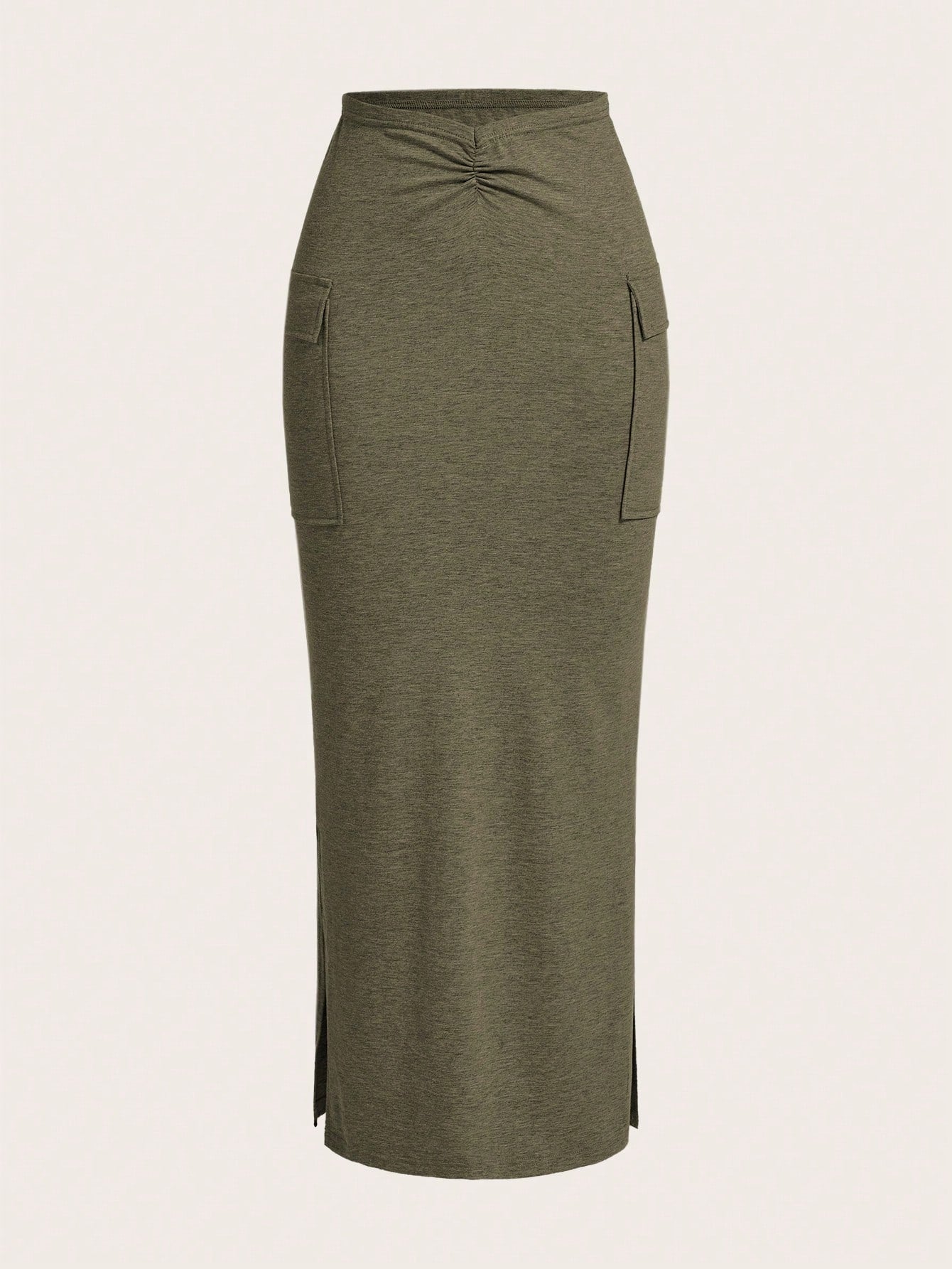 Summer Casual Holiday Long Grey Skirt With Fold-Over Pocket And Pleat Detail For Women