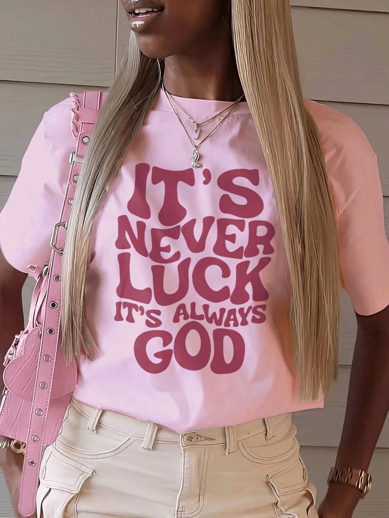 Women's Summer Round Neck Short Sleeve Casual T-Shirt With Slogan Print IT'S NEVER LUCK IT'S ALWAYS GOD