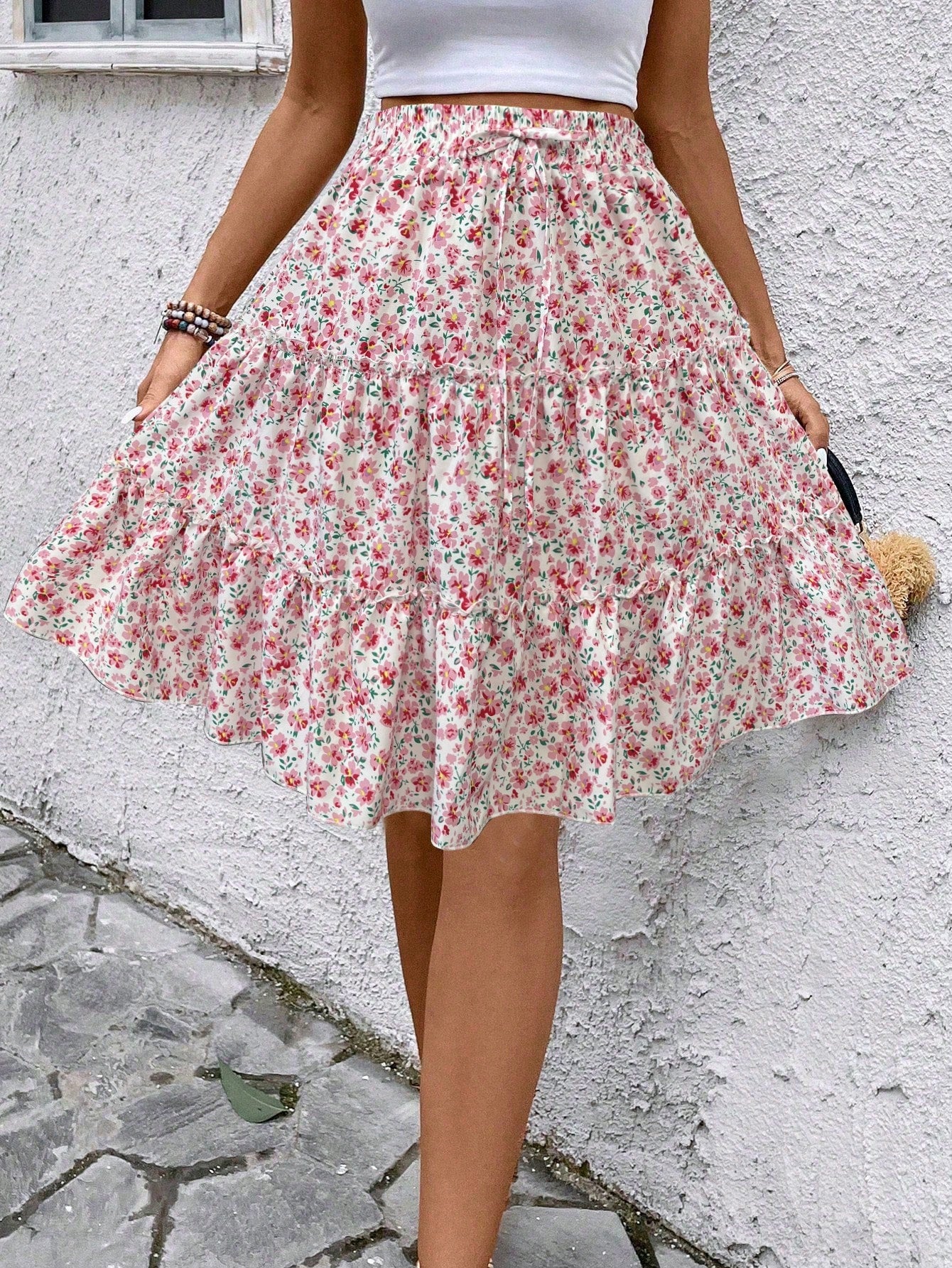 Women's Mixed Ditsy Floral Wrap Layered Ruffle Skirt