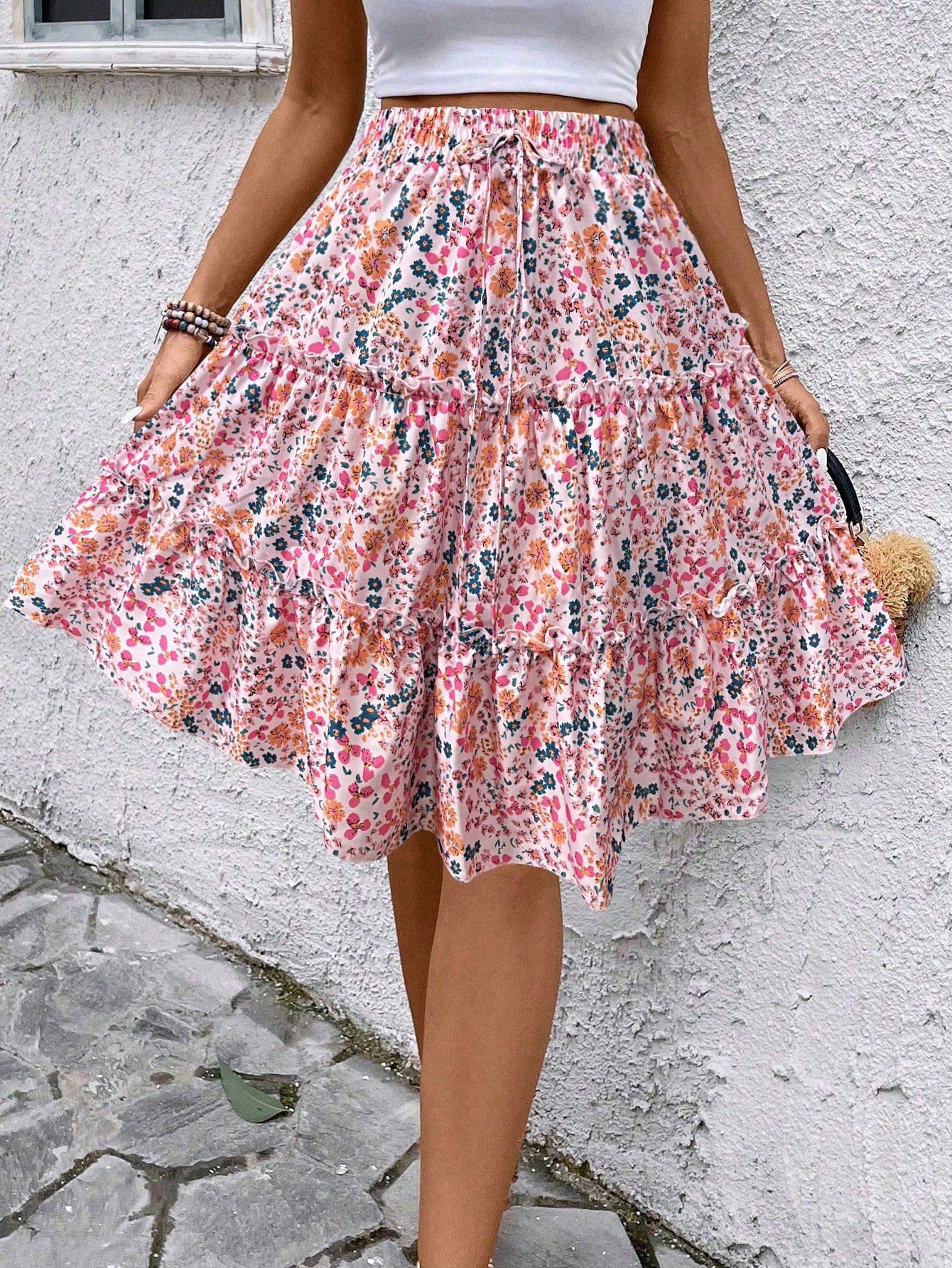 Women's Mixed Ditsy Floral Wrap Layered Ruffle Skirt