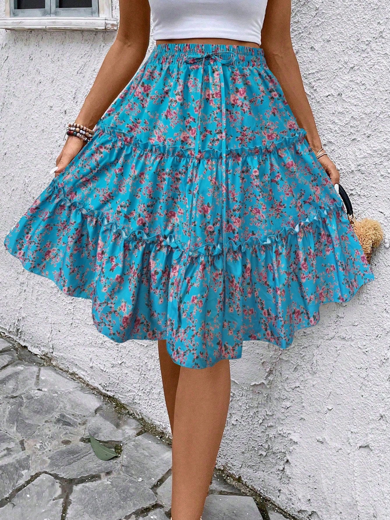 Women's Mixed Ditsy Floral Wrap Layered Ruffle Skirt