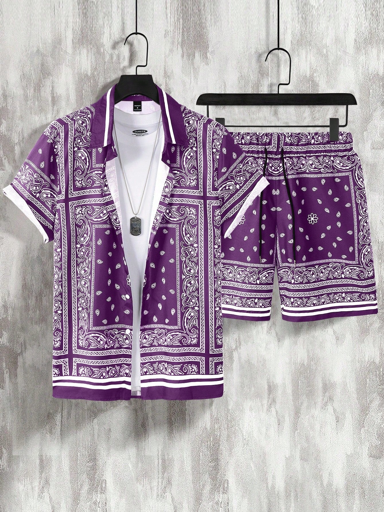 Men Paisley Print Short Sleeve Shirt And Shorts Set, Suitable For Summer