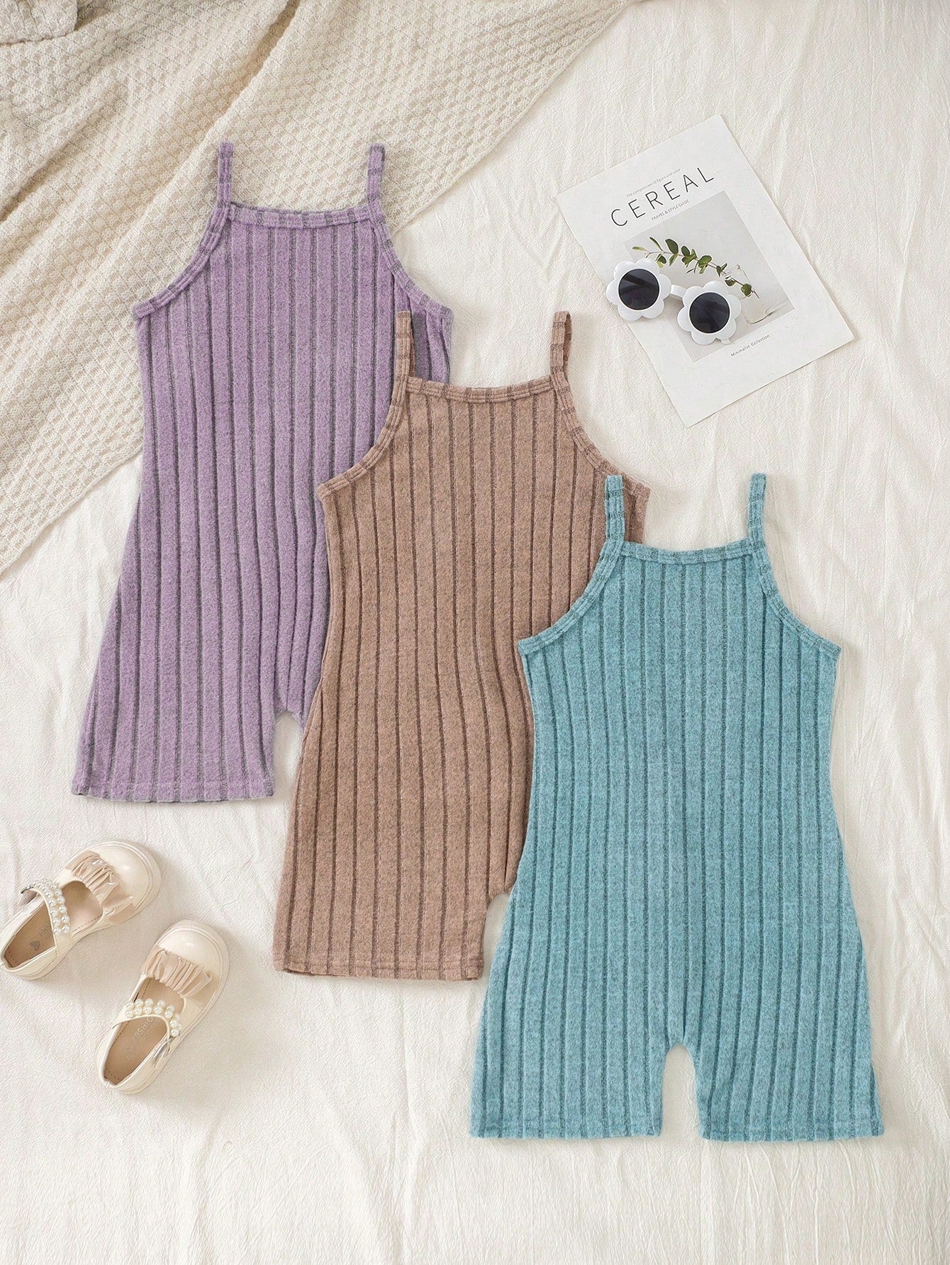 Tween Girl Summer 3pcs Solid Color Ribbed Casual Tank Romper